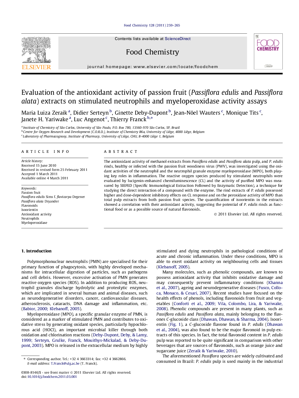 Evaluation of the antioxidant activity of passion fruit (Passiflora edulis and Passiflora alata) extracts on stimulated neutrophils and myeloperoxidase activity assays