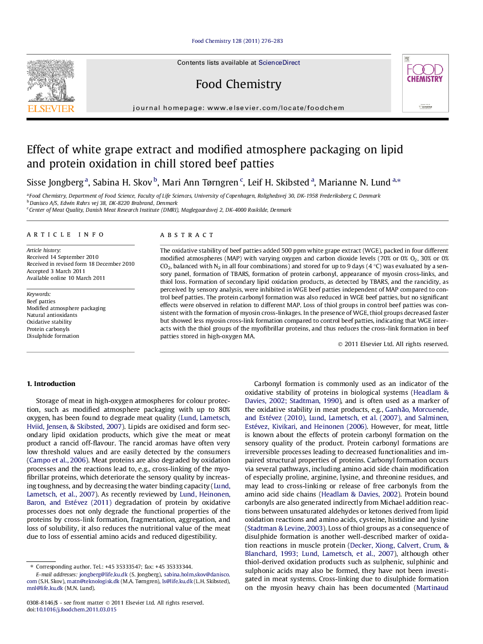 Effect of white grape extract and modified atmosphere packaging on lipid and protein oxidation in chill stored beef patties