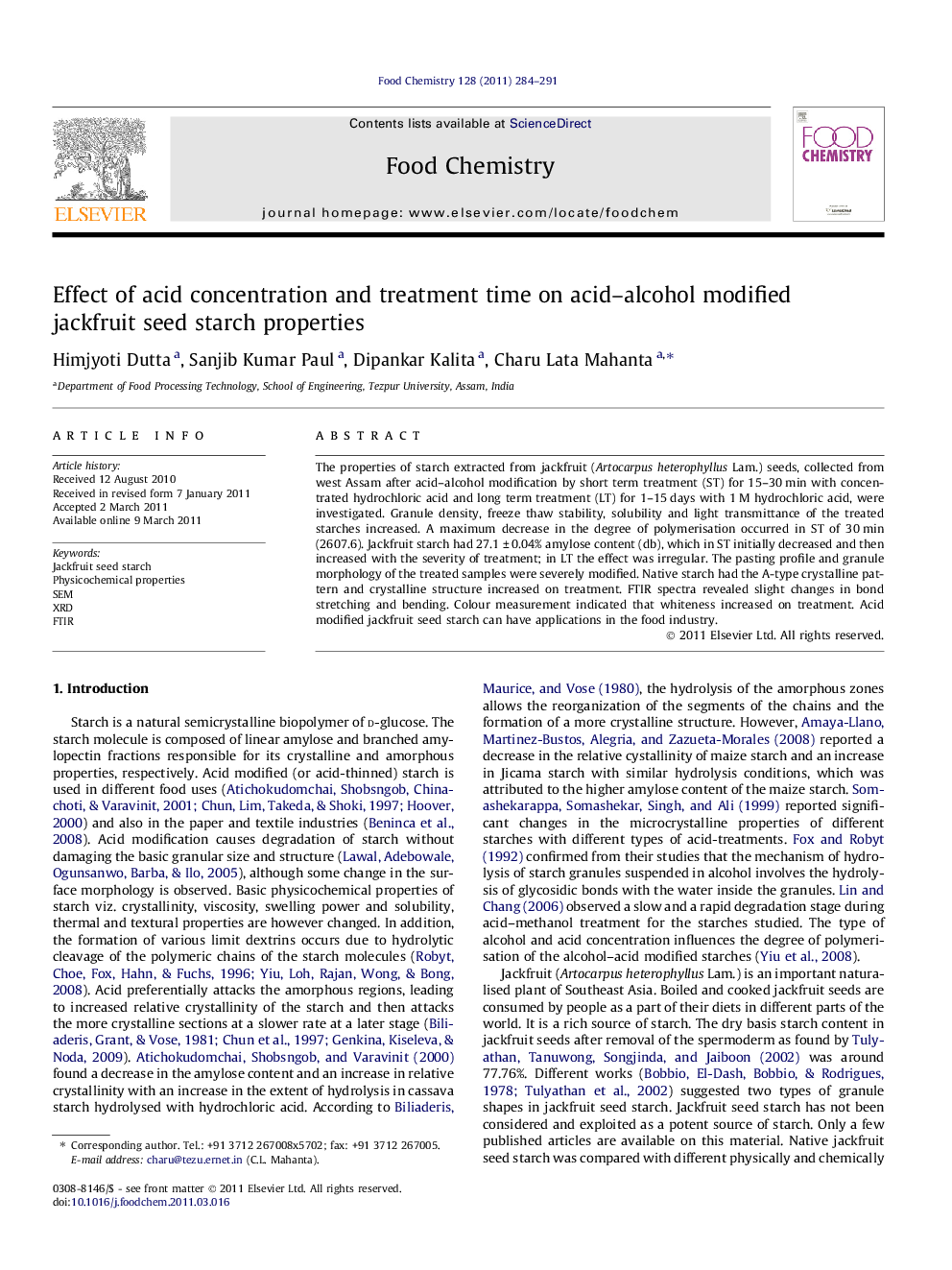 Effect of acid concentration and treatment time on acid-alcohol modified jackfruit seed starch properties