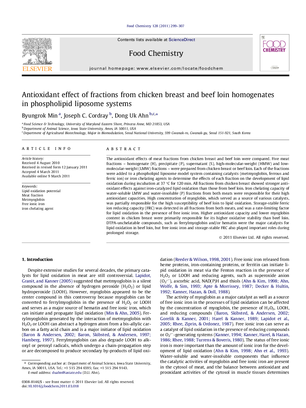 Antioxidant effect of fractions from chicken breast and beef loin homogenates in phospholipid liposome systems