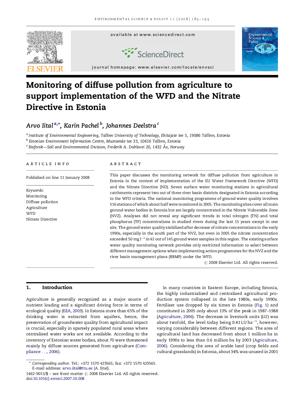 عکس صفحه اول مقاله: Monitoring of diffuse pollution from agriculture to support implementation of the WFD and the Nitrate Directive in Estonia Monitoring of diffuse pollution from agriculture to support implementation of the WFD and the Nitrate Directive in Estonia
