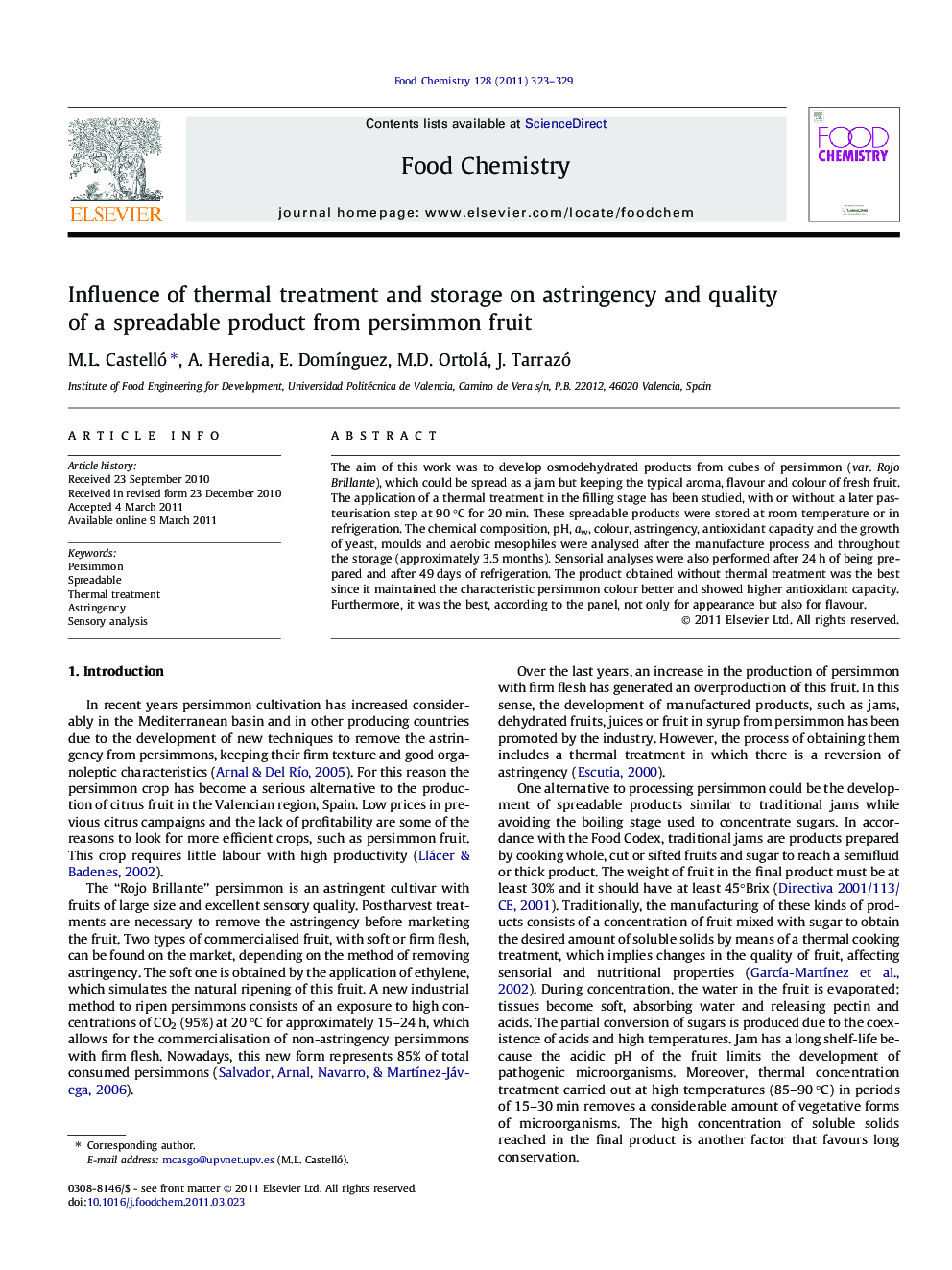 عکس صفحه اول مقاله: Influence of thermal treatment and storage on astringency and quality of a spreadable product from persimmon fruit Influence of thermal treatment and storage on astringency and quality of a spreadable product from persimmon fruit
