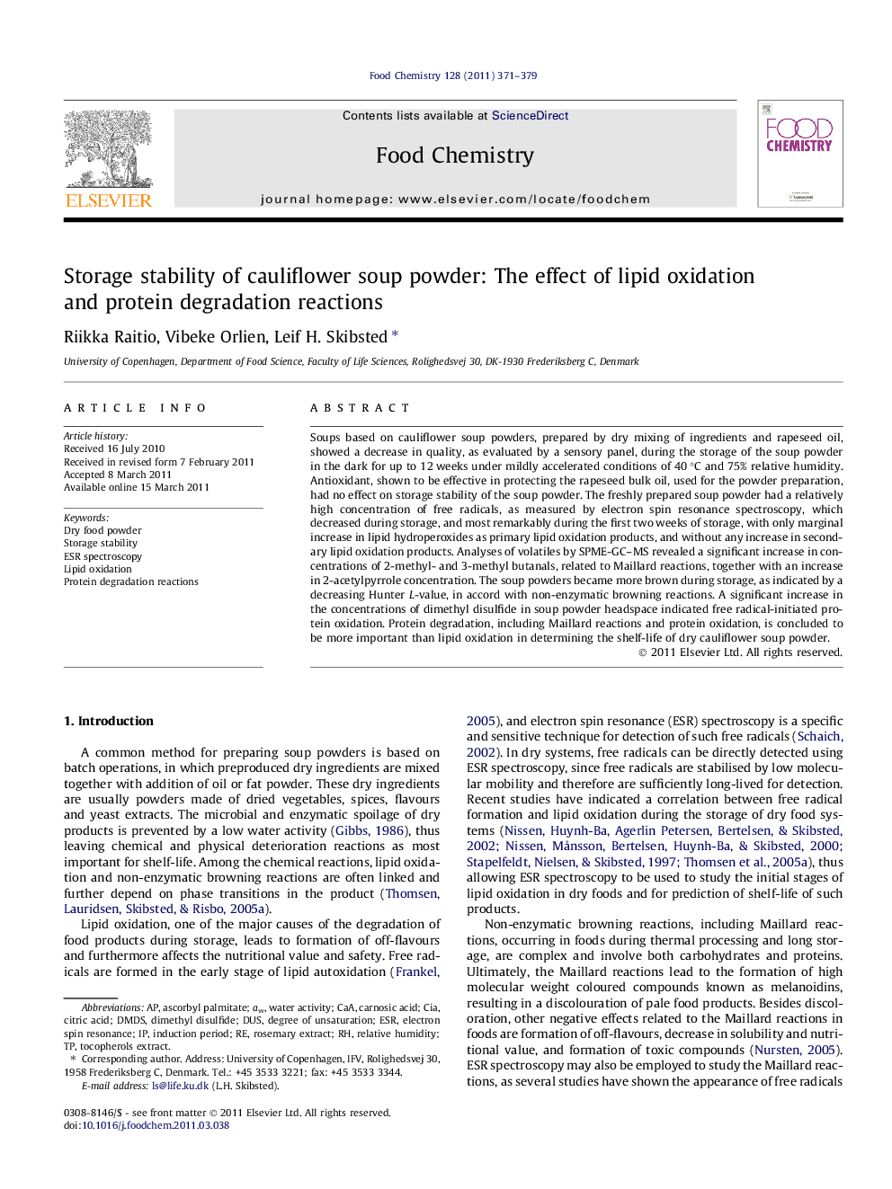 Storage stability of cauliflower soup powder: The effect of lipid oxidation and protein degradation reactions