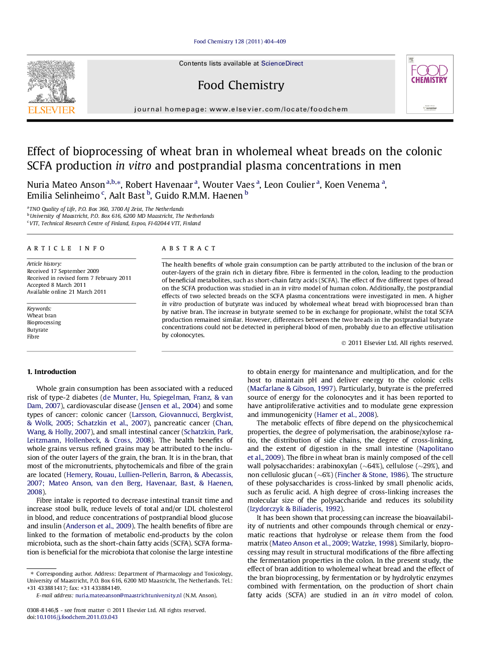 Effect of bioprocessing of wheat bran in wholemeal wheat breads on the colonic SCFA production in vitro and postprandial plasma concentrations in men