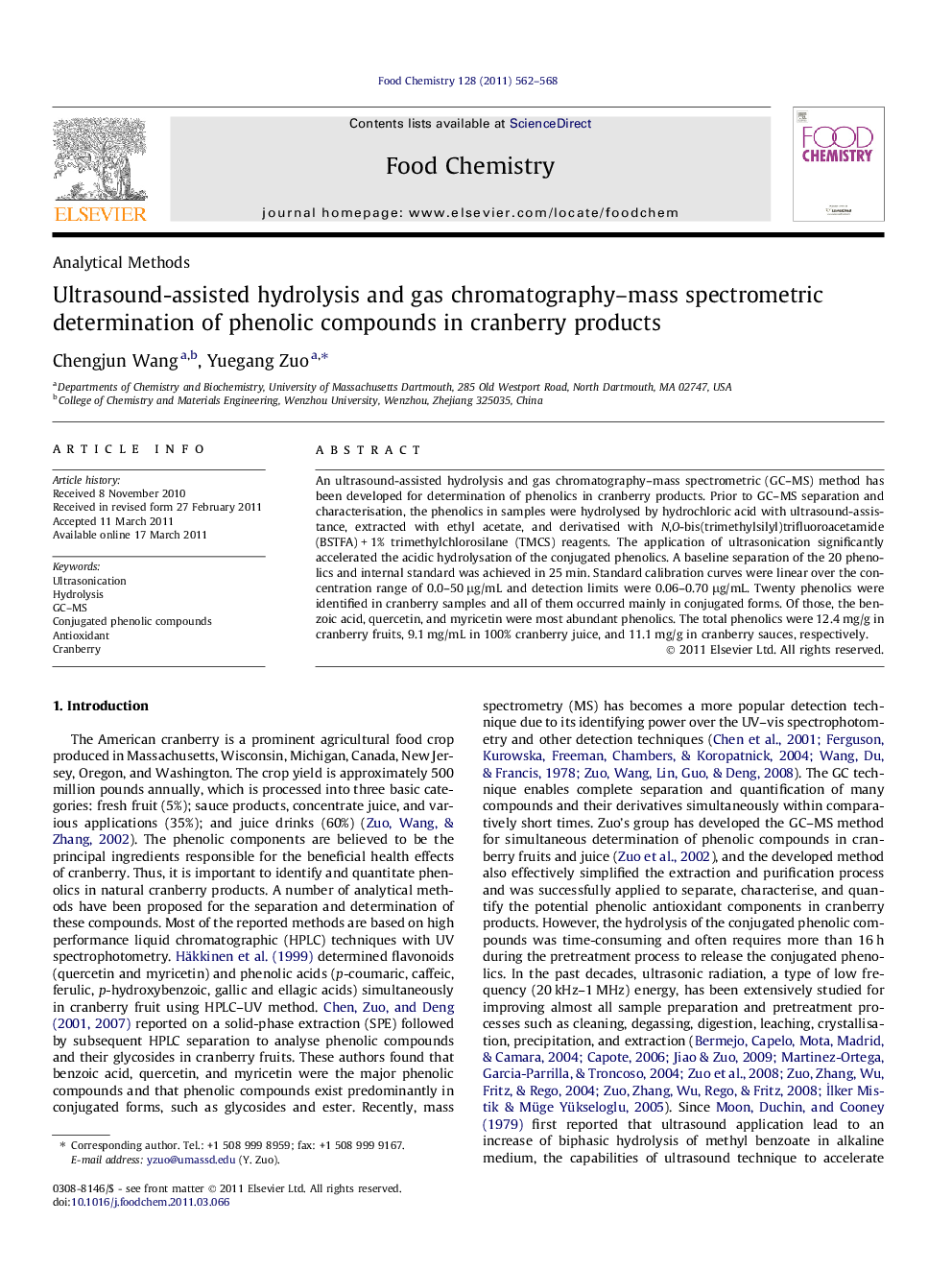 Ultrasound-assisted hydrolysis and gas chromatography-mass spectrometric determination of phenolic compounds in cranberry products