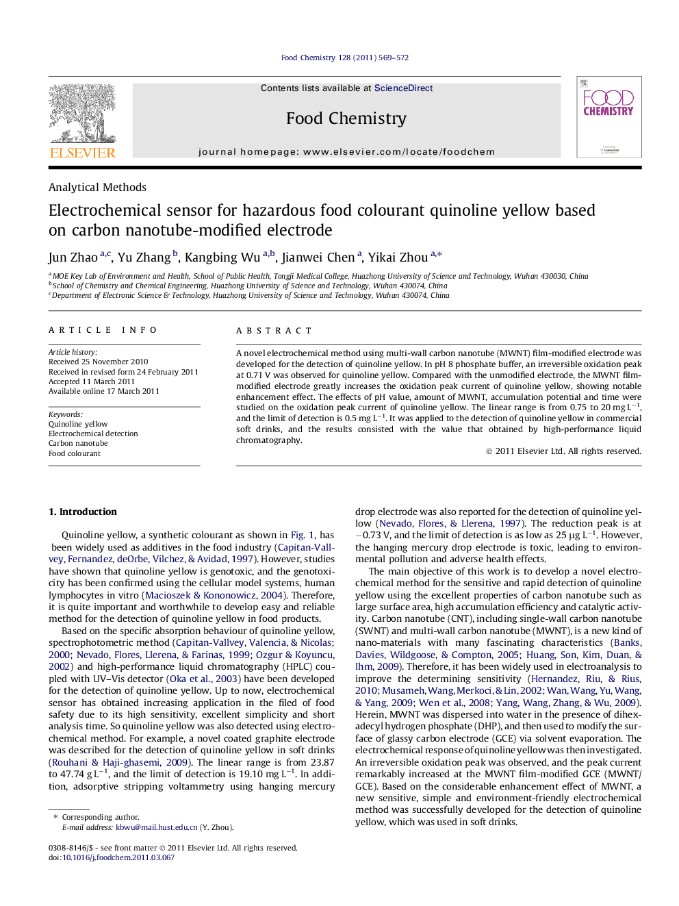 Electrochemical sensor for hazardous food colourant quinoline yellow based on carbon nanotube-modified electrode