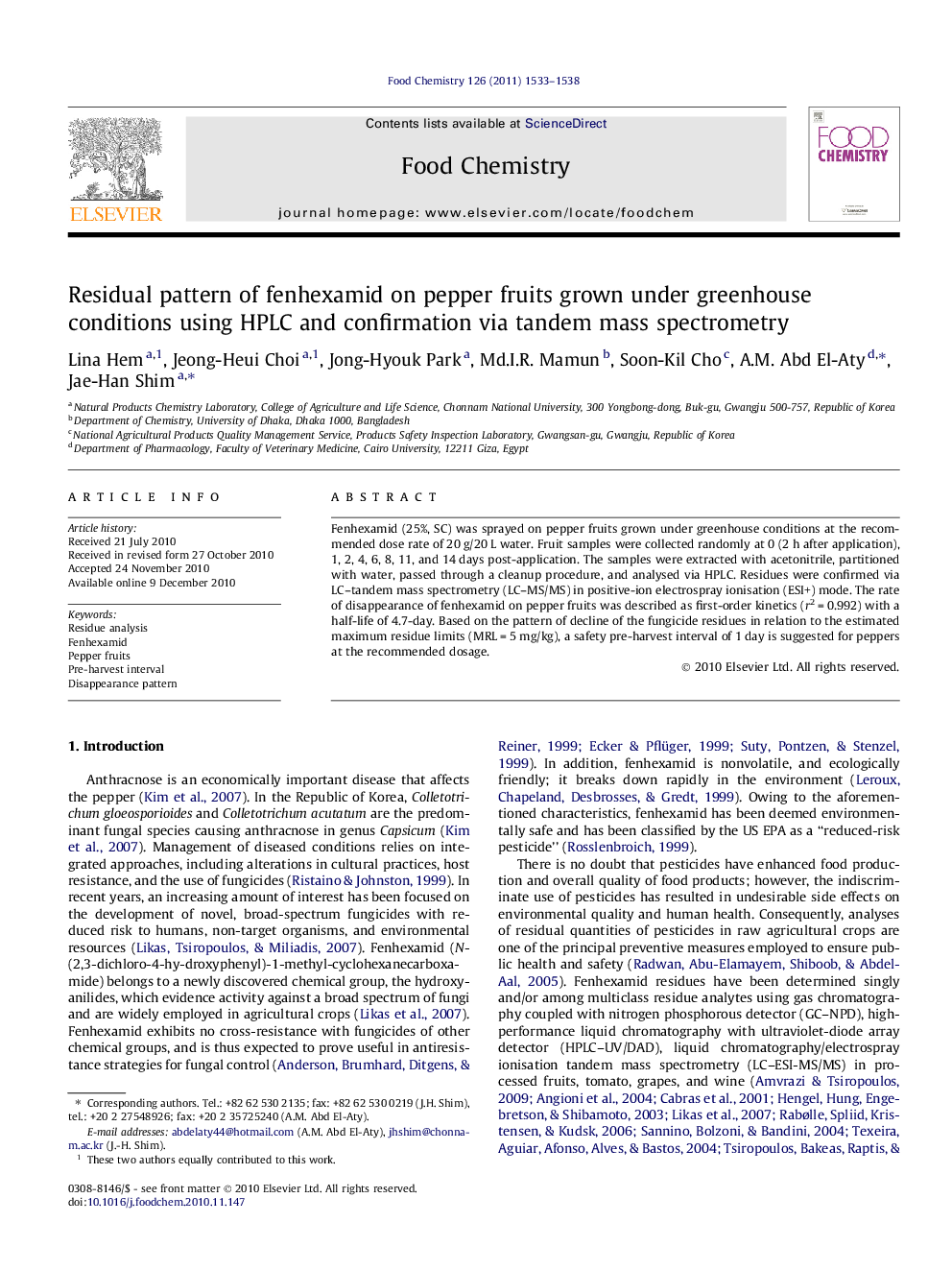 Residual pattern of fenhexamid on pepper fruits grown under greenhouse conditions using HPLC and confirmation via tandem mass spectrometry