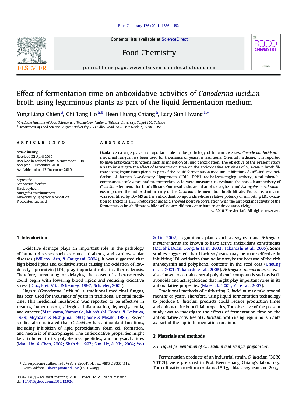 Effect of fermentation time on antioxidative activities of Ganoderma lucidum broth using leguminous plants as part of the liquid fermentation medium