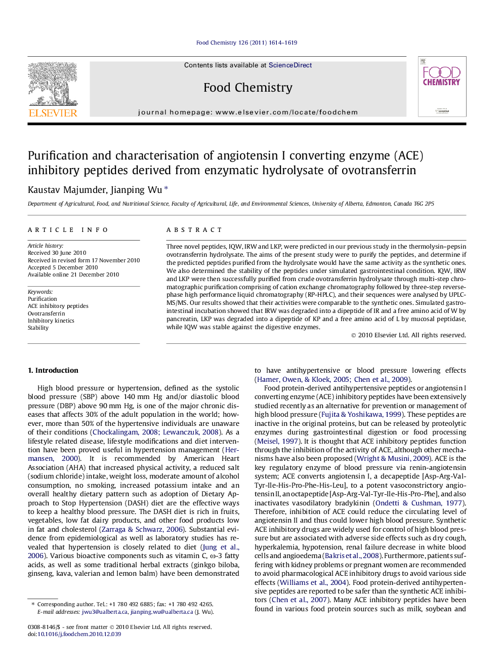 عکس صفحه اول مقاله: Purification and characterisation of angiotensin I converting enzyme (ACE) inhibitory peptides derived from enzymatic hydrolysate of ovotransferrin Purification and characterisation of angiotensin I converting enzyme (ACE) inhibitory peptides derived from enzymatic hydrolysate of ovotransferrin