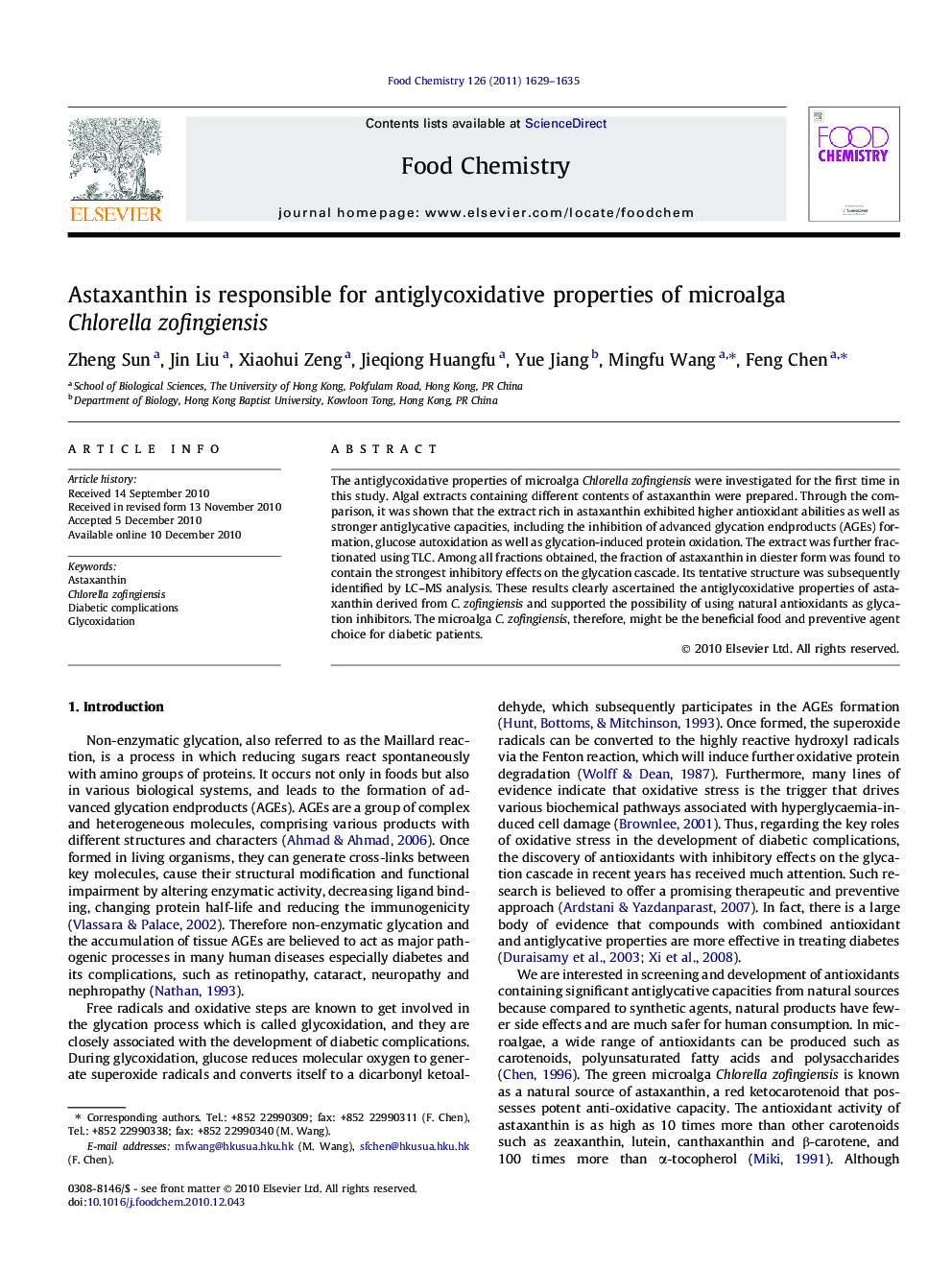 Astaxanthin is responsible for antiglycoxidative properties of microalga Chlorella zofingiensis