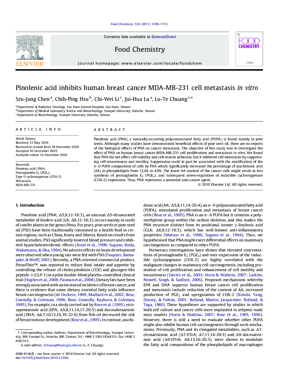 Pinolenic acid inhibits human breast cancer MDA-MB-231 cell metastasis in vitro