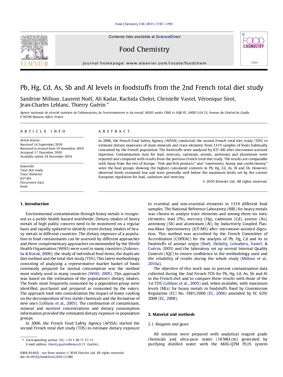 Pb, Hg, Cd, As, Sb and Al levels in foodstuffs from the 2nd French total diet study