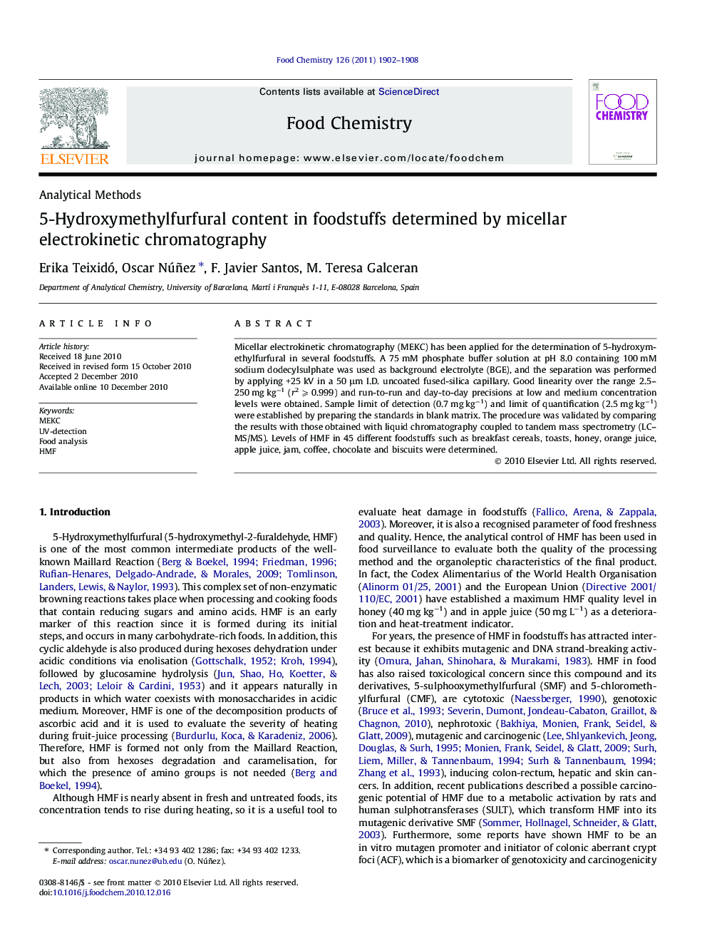 5-Hydroxymethylfurfural content in foodstuffs determined by micellar electrokinetic chromatography