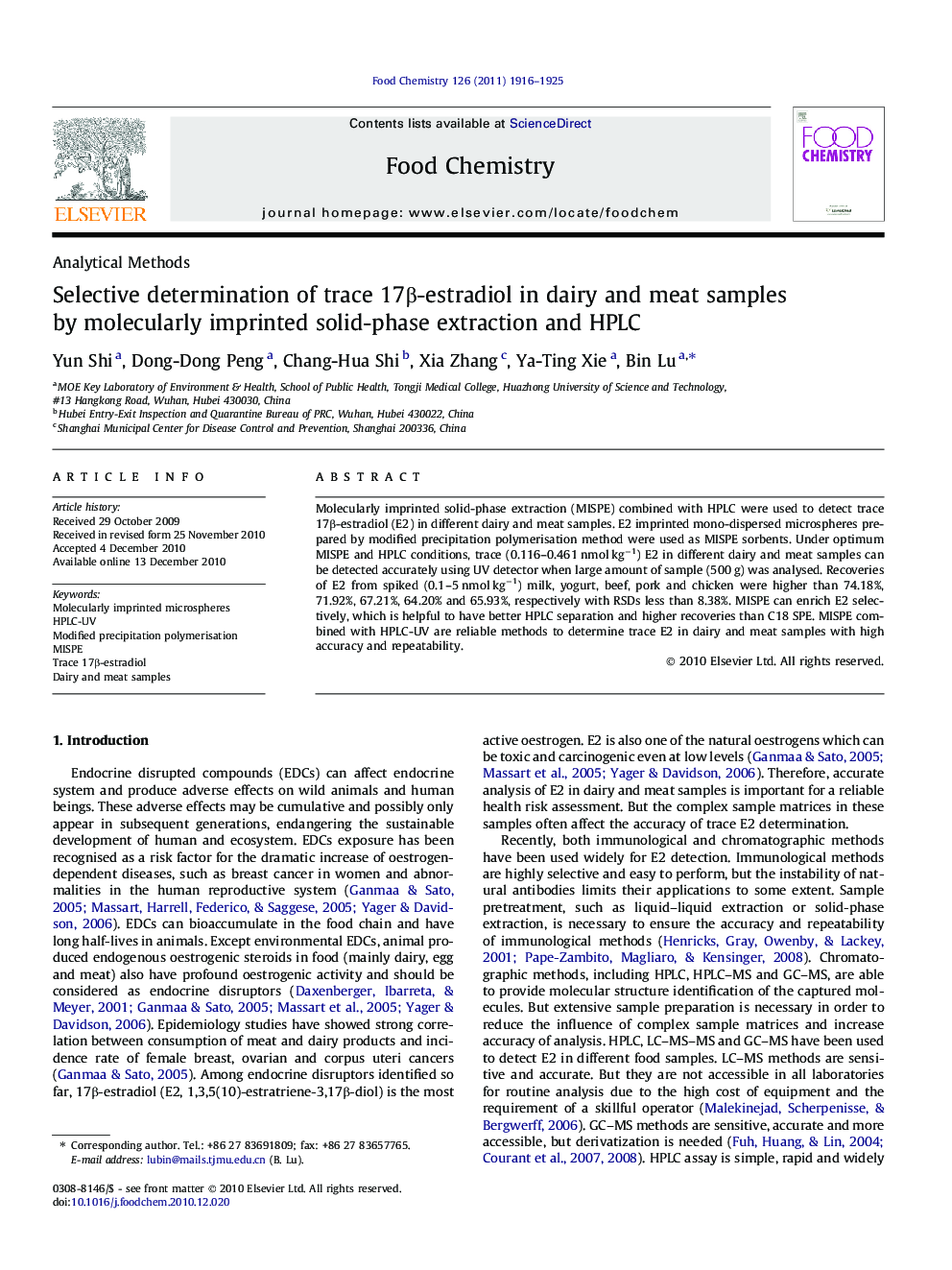 Selective determination of trace 17Î²-estradiol in dairy and meat samples by molecularly imprinted solid-phase extraction and HPLC