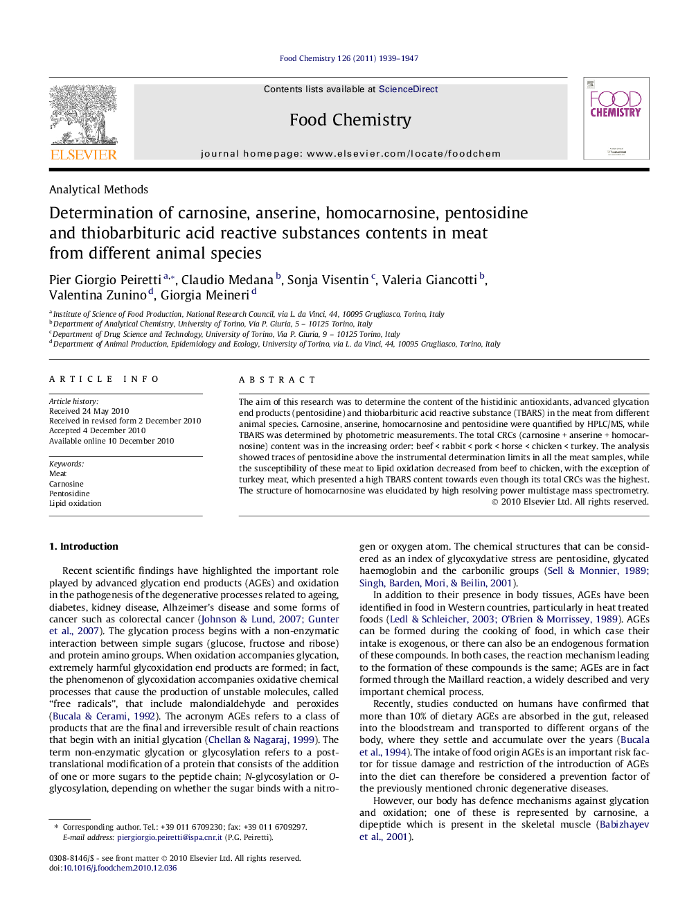 Determination of carnosine, anserine, homocarnosine, pentosidine and thiobarbituric acid reactive substances contents in meat from different animal species