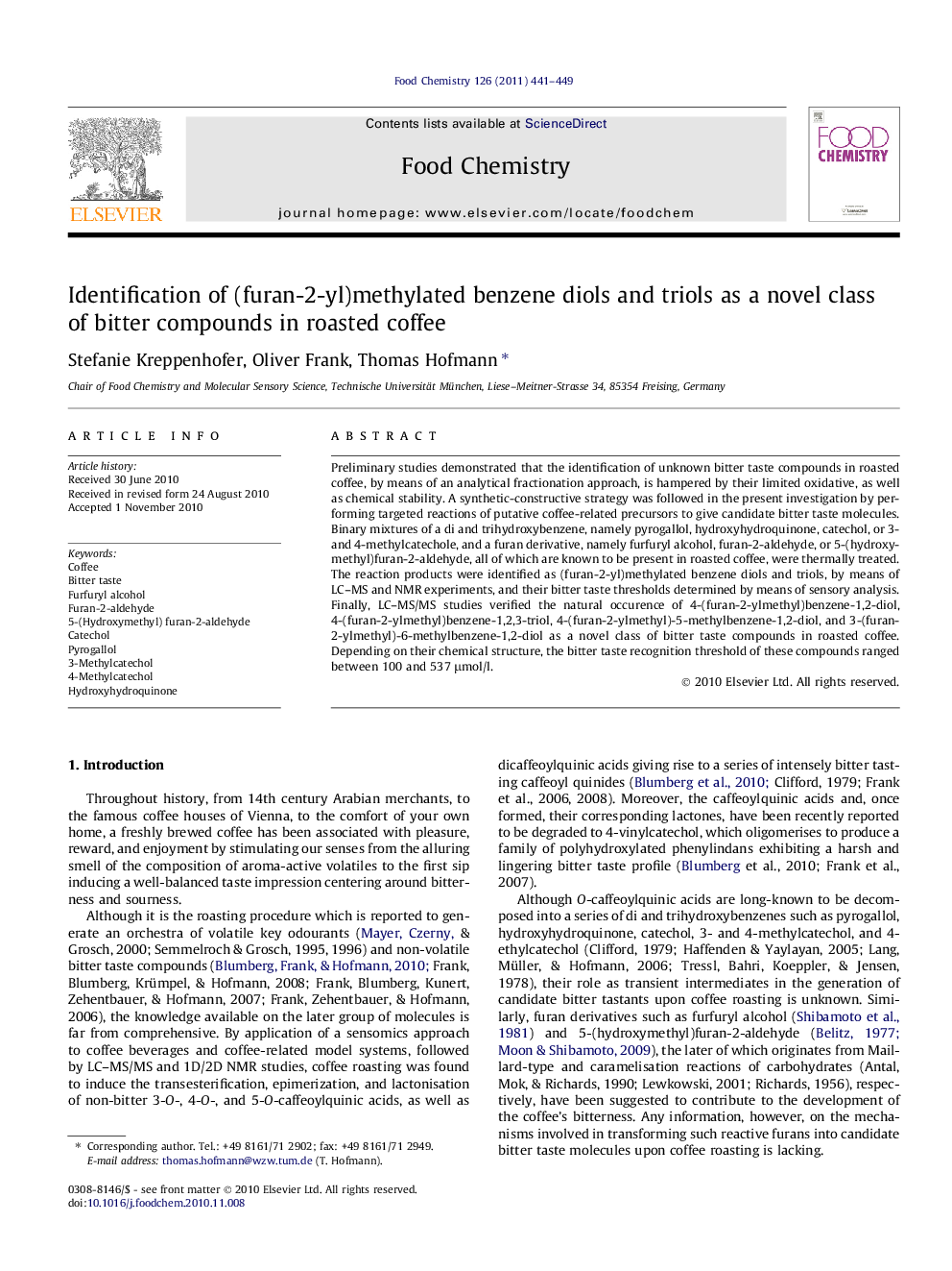 Identification of (furan-2-yl)methylated benzene diols and triols as a novel class of bitter compounds in roasted coffee