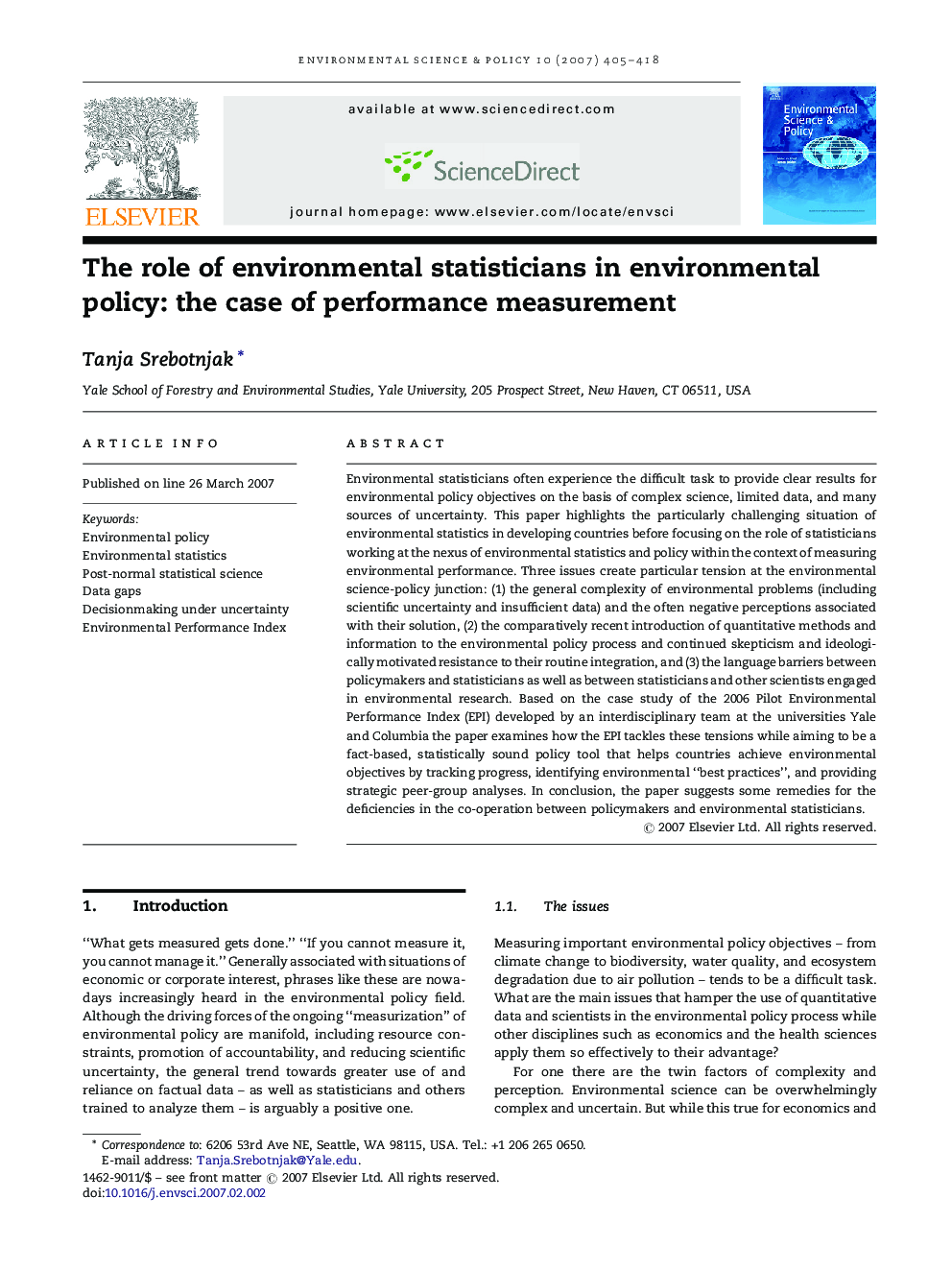 The role of environmental statisticians in environmental policy: the case of performance measurement
