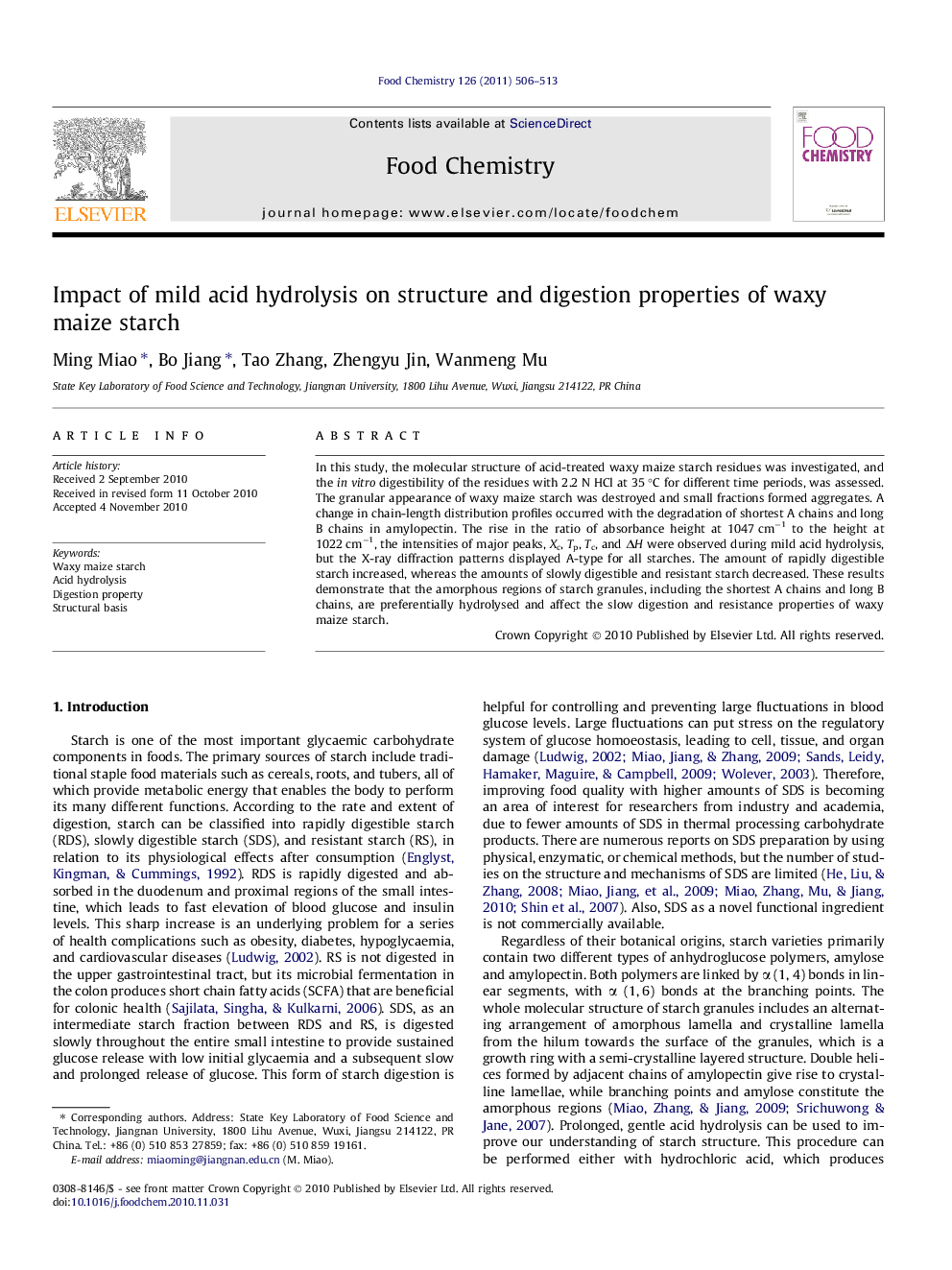 Impact of mild acid hydrolysis on structure and digestion properties of waxy maize starch