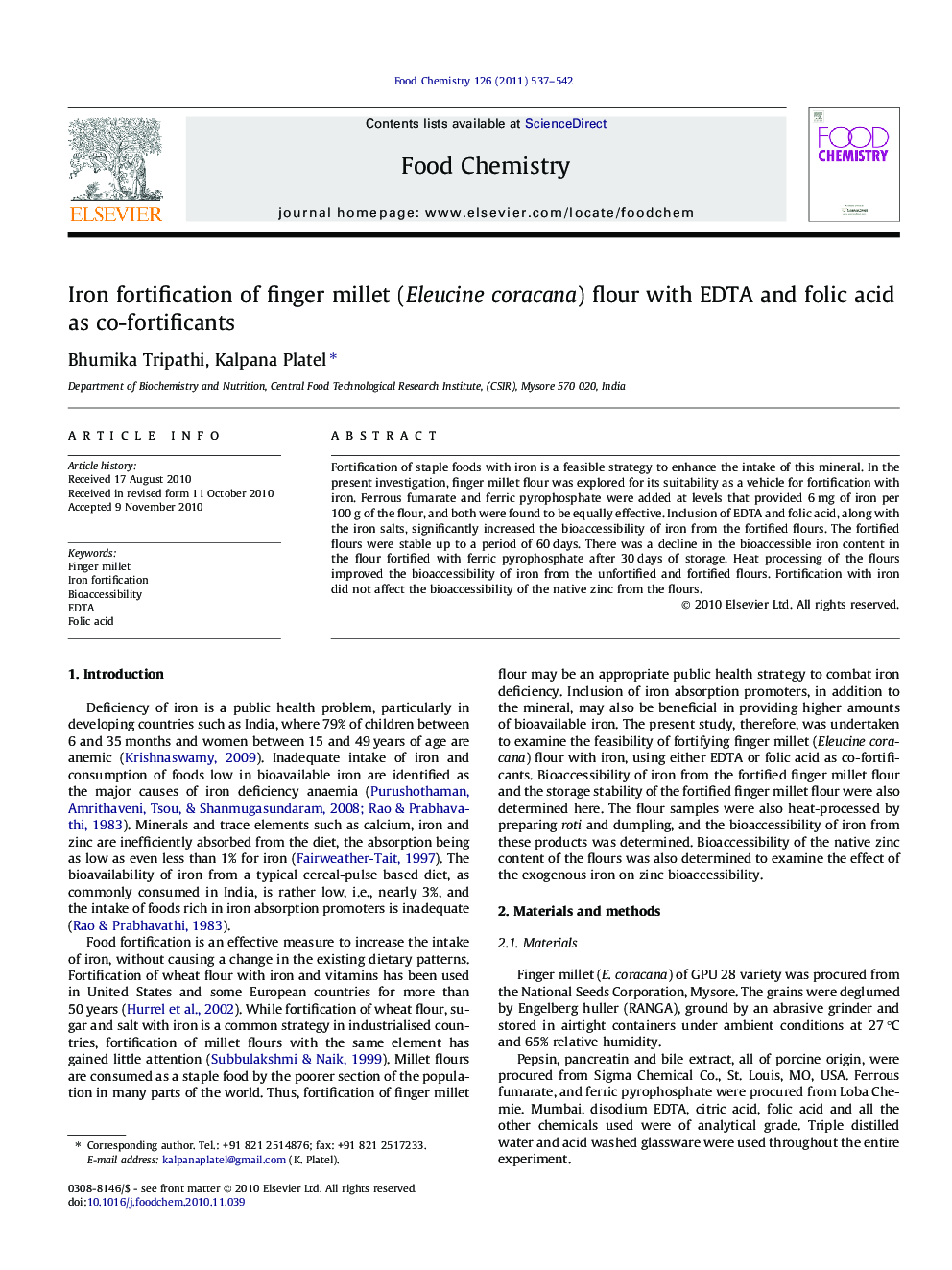 Iron fortification of finger millet (Eleucine coracana) flour with EDTA and folic acid as co-fortificants