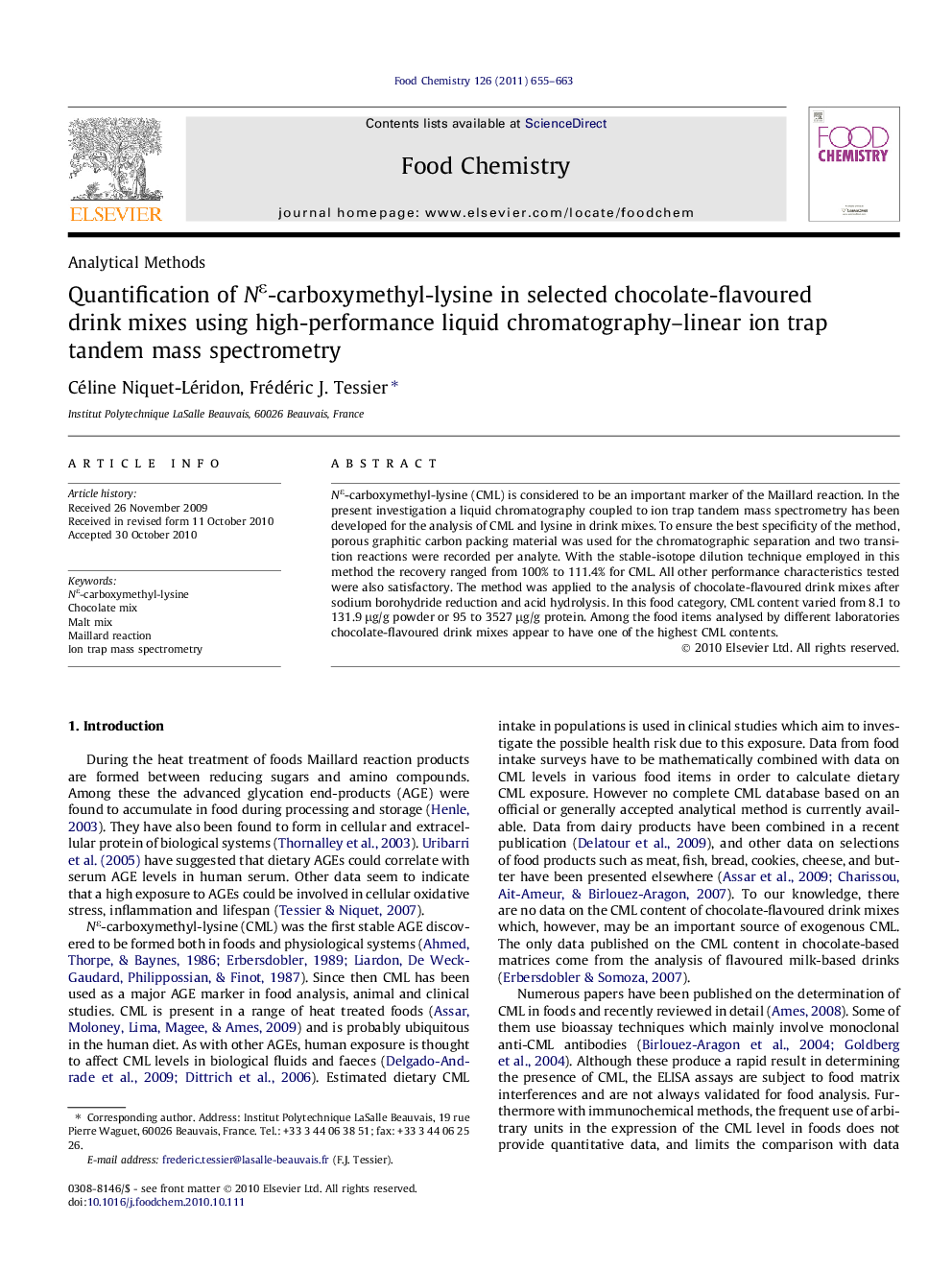 Quantification of NÎµ-carboxymethyl-lysine in selected chocolate-flavoured drink mixes using high-performance liquid chromatography-linear ion trap tandem mass spectrometry