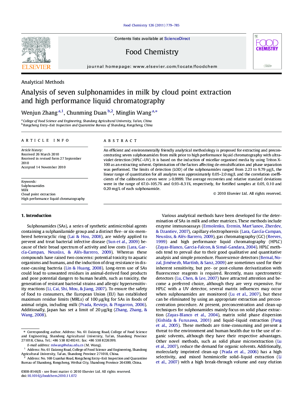 Analysis of seven sulphonamides in milk by cloud point extraction and high performance liquid chromatography