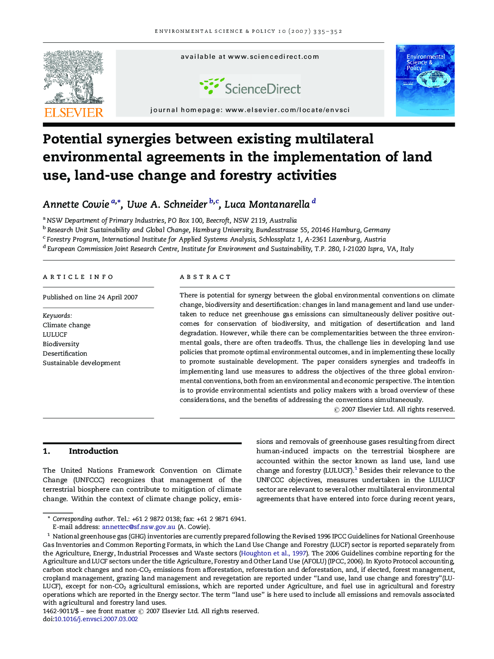 Potential synergies between existing multilateral environmental agreements in the implementation of land use, land-use change and forestry activities