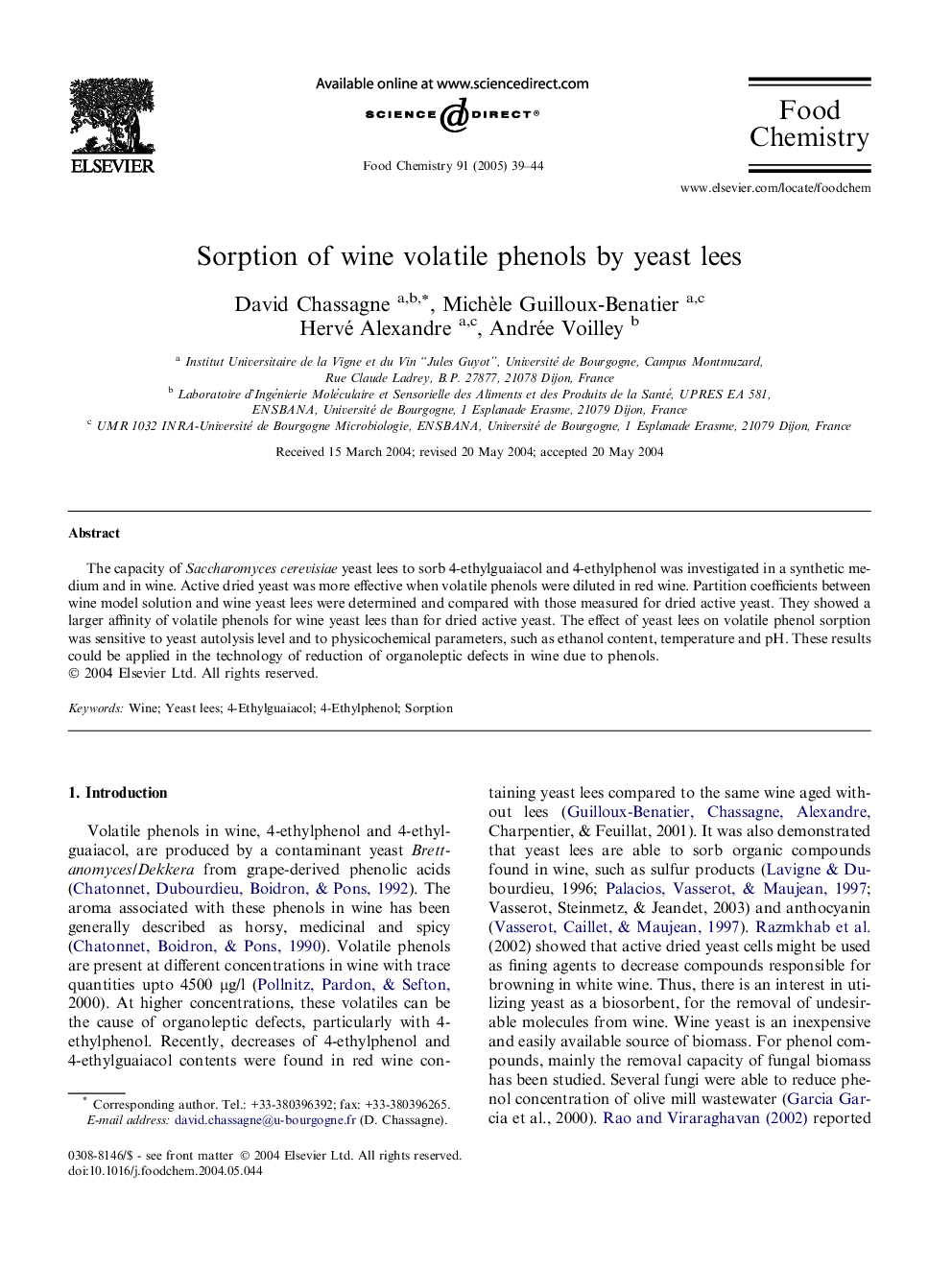 Sorption of wine volatile phenols by yeast lees