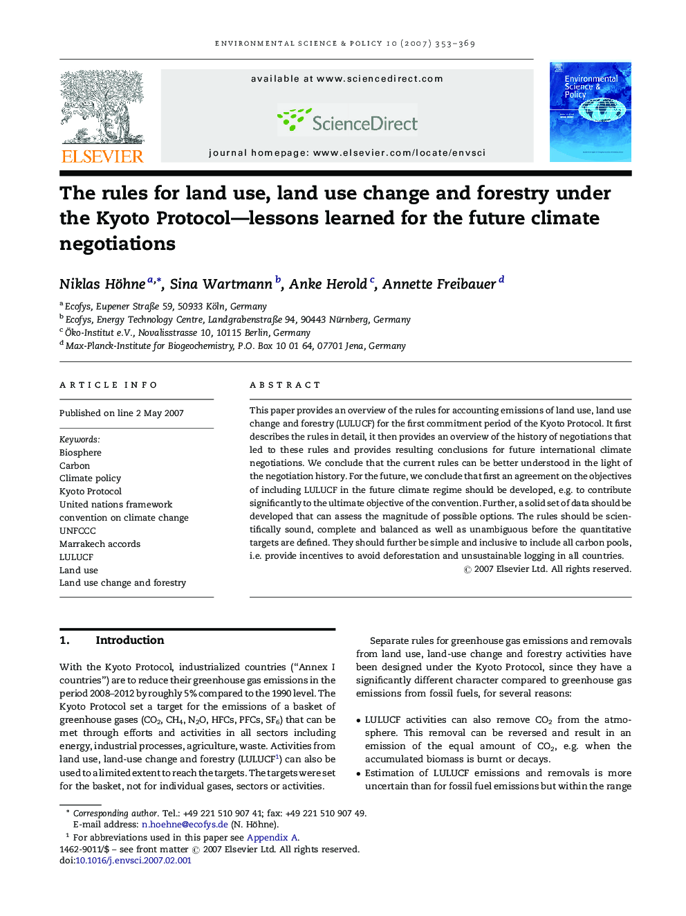 The rules for land use, land use change and forestry under the Kyoto Protocol—lessons learned for the future climate negotiations