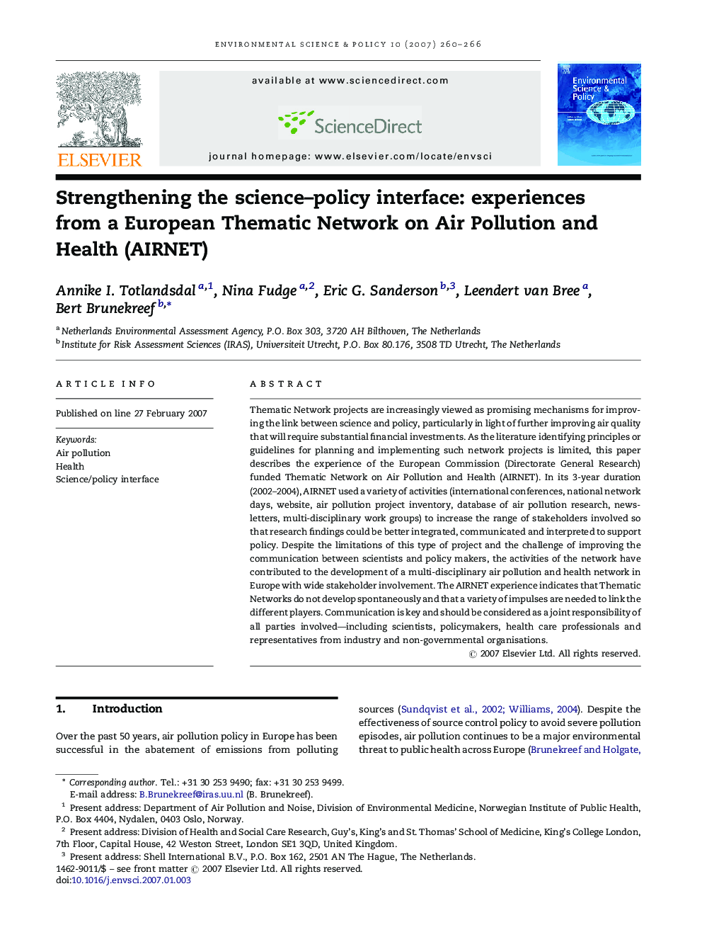 Strengthening the science–policy interface: experiences from a European Thematic Network on Air Pollution and Health (AIRNET)