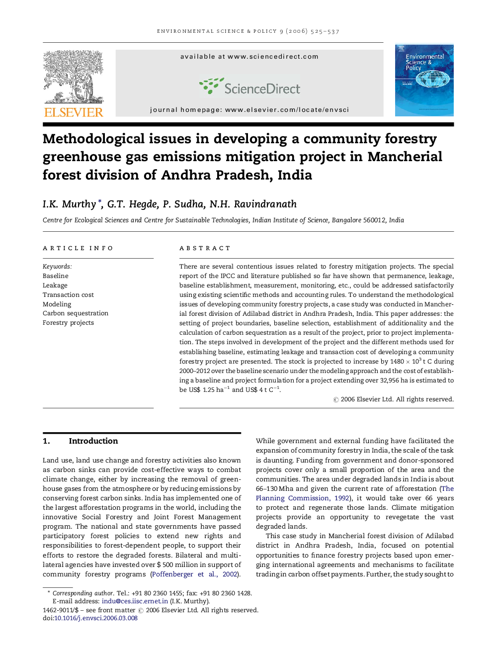 Methodological issues in developing a community forestry greenhouse gas emissions mitigation project in Mancherial forest division of Andhra Pradesh, India