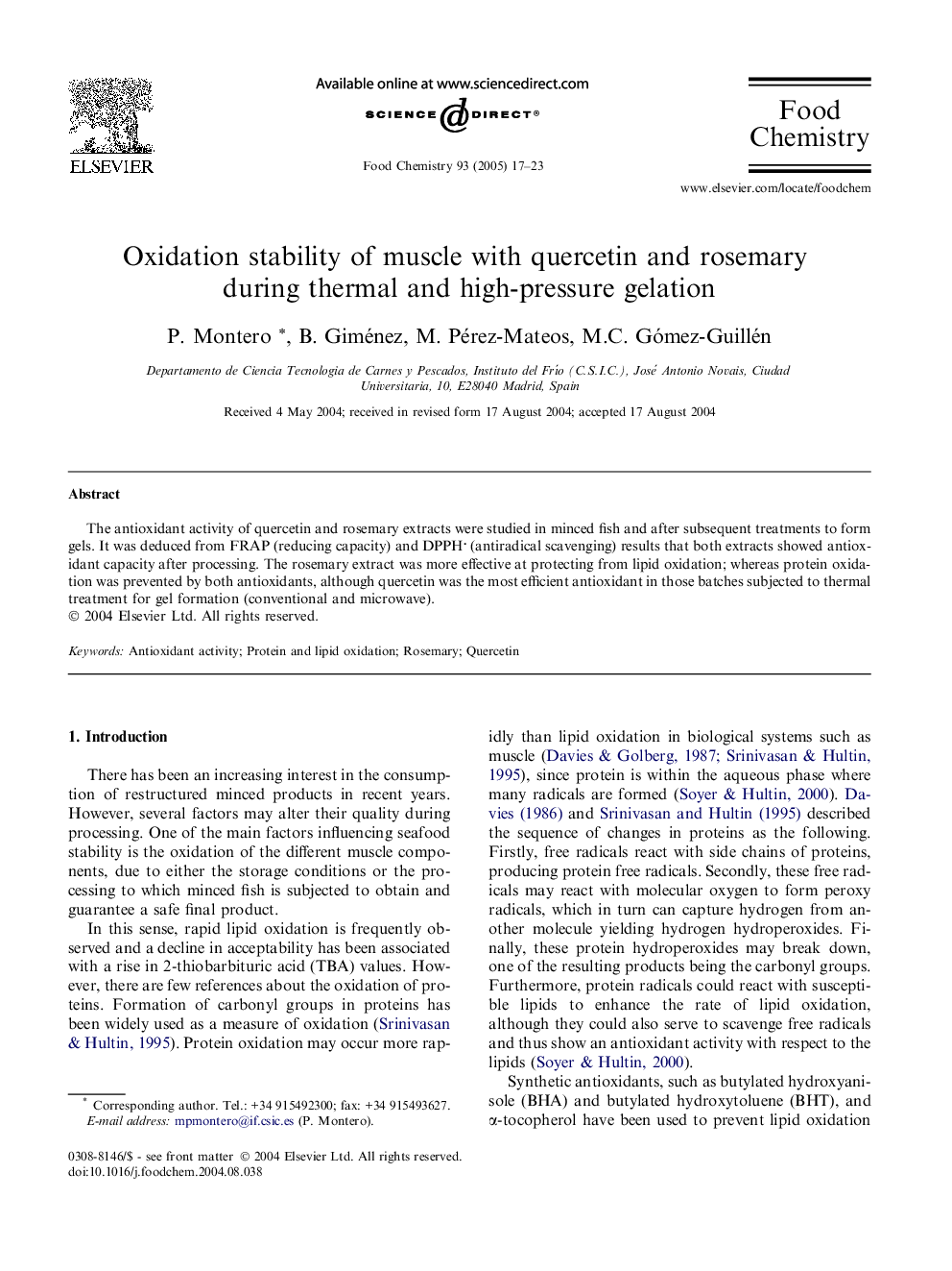 Oxidation stability of muscle with quercetin and rosemary during thermal and high-pressure gelation