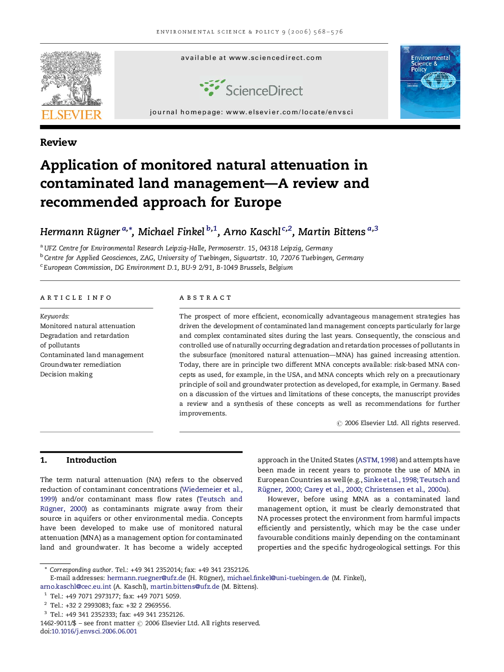 Application of monitored natural attenuation in contaminated land management—A review and recommended approach for Europe