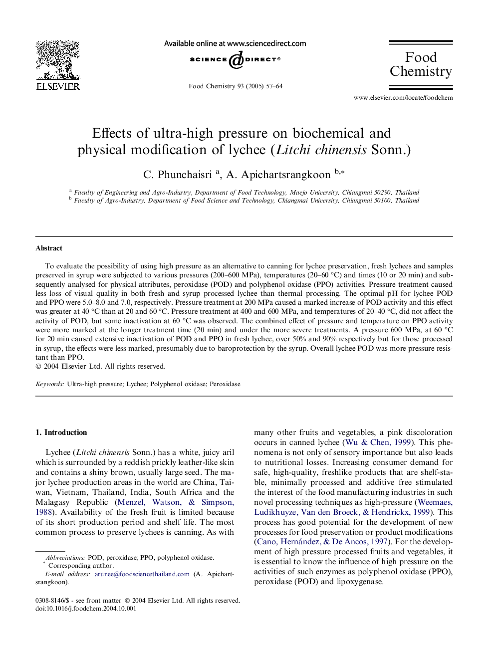 Effects of ultra-high pressure on biochemical and physical modification of lychee (Litchi chinensis Sonn.)