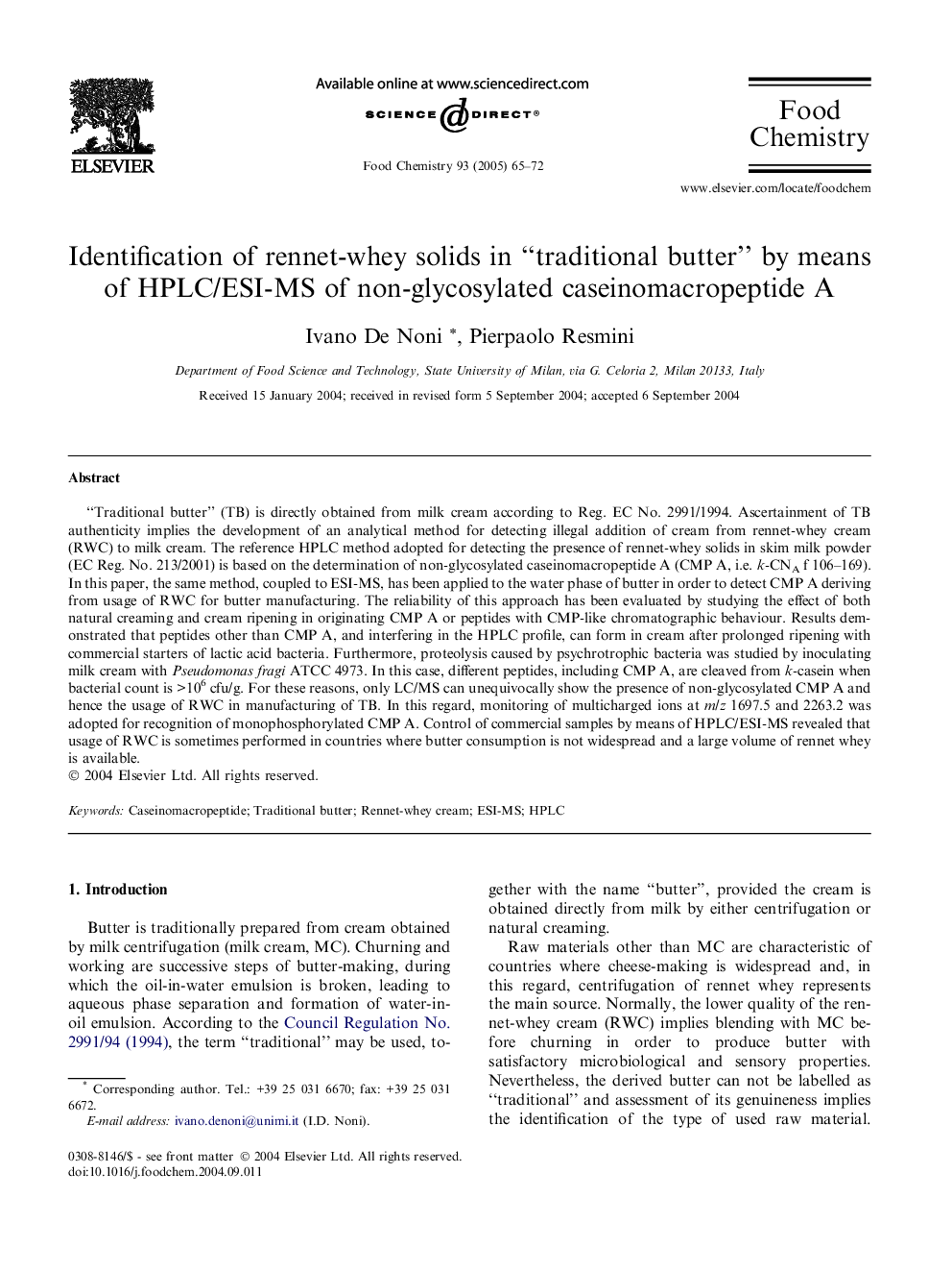 Identification of rennet-whey solids in “traditional butter” by means of HPLC/ESI-MS of non-glycosylated caseinomacropeptide A