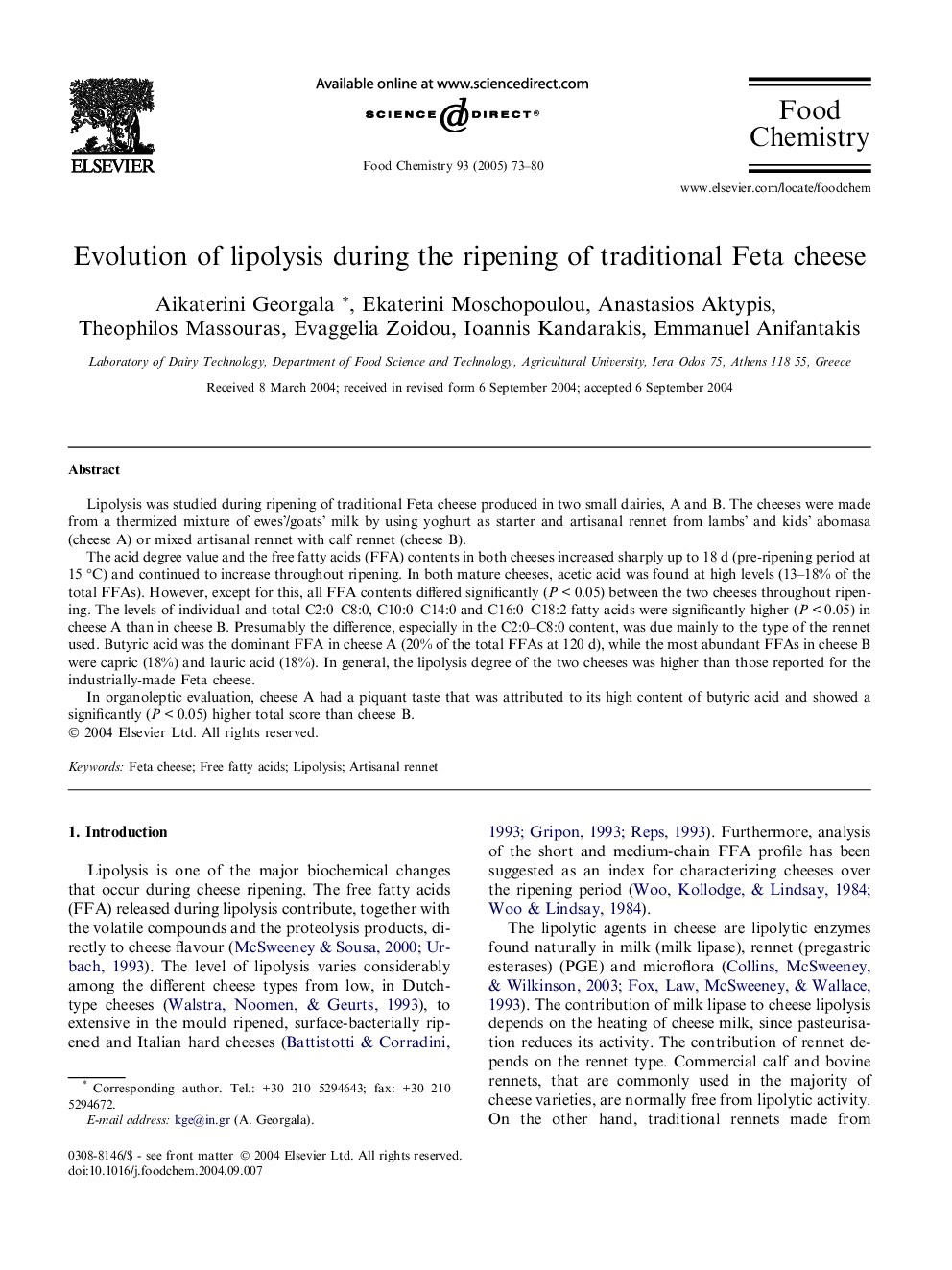 Evolution of lipolysis during the ripening of traditional Feta cheese