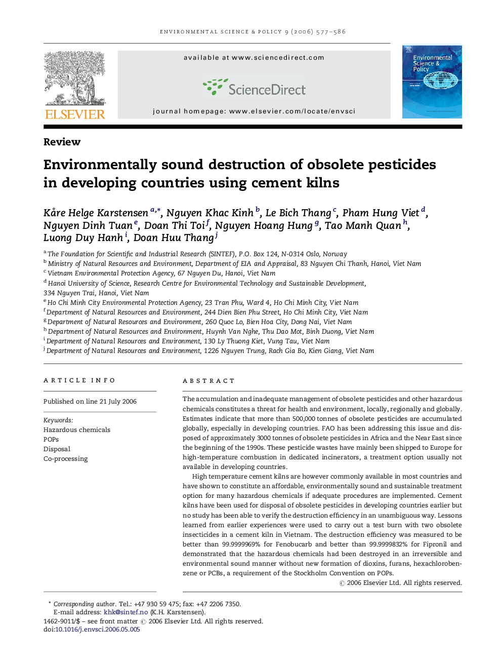 Environmentally sound destruction of obsolete pesticides in developing countries using cement kilns