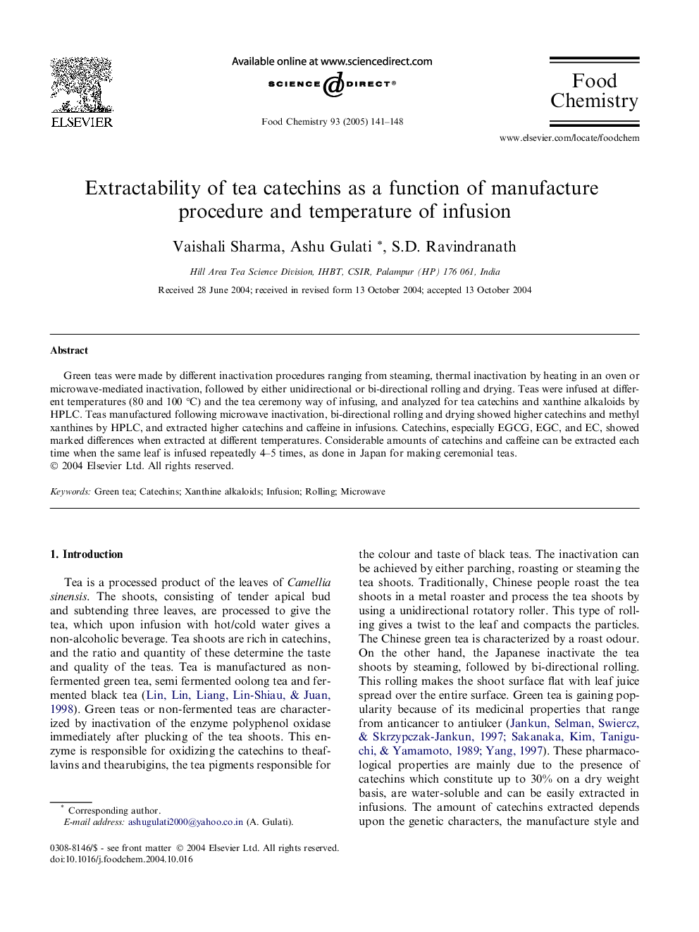 Extractability of tea catechins as a function of manufacture procedure and temperature of infusion