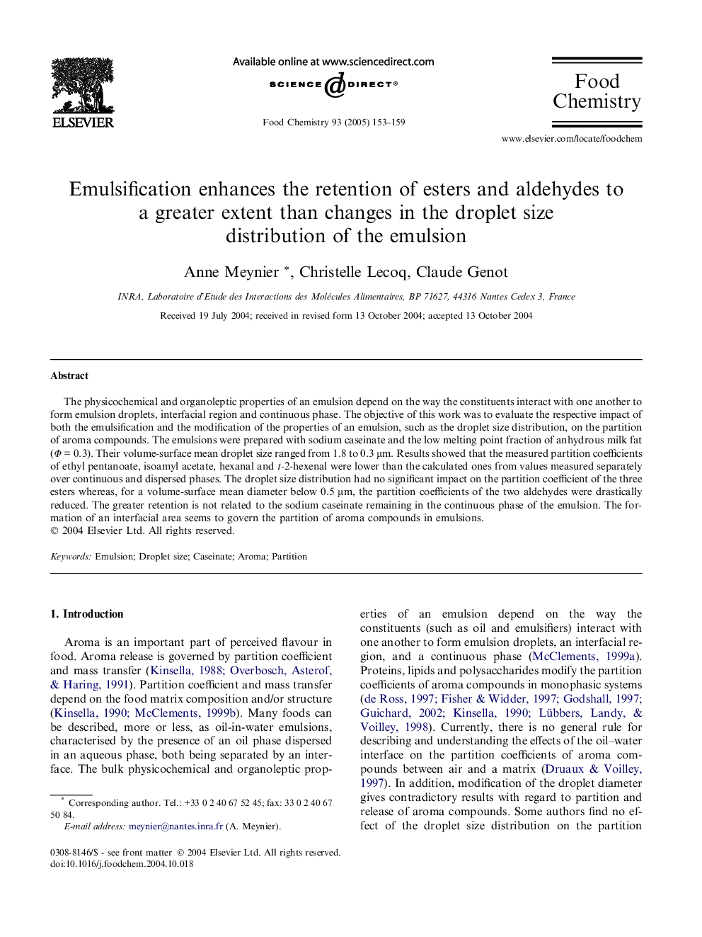 Emulsification enhances the retention of esters and aldehydes to a greater extent than changes in the droplet size distribution of the emulsion