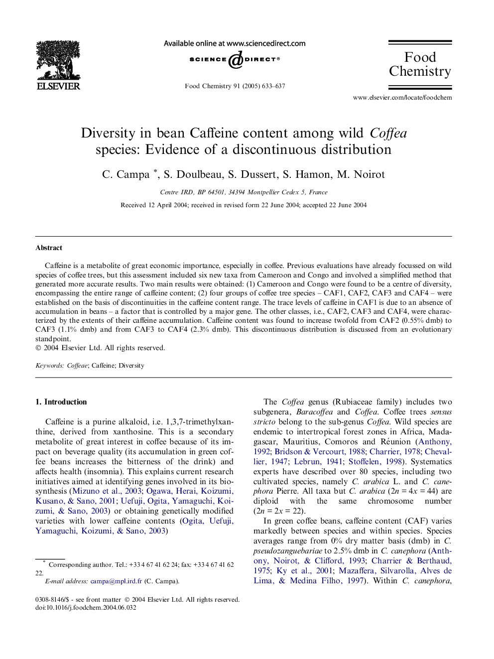 Diversity in bean Caffeine content among wild Coffea species: Evidence of a discontinuous distribution