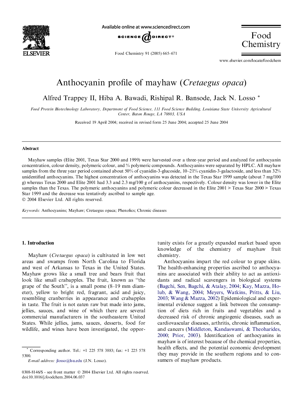 Anthocyanin profile of mayhaw (Cretaegus opaca)