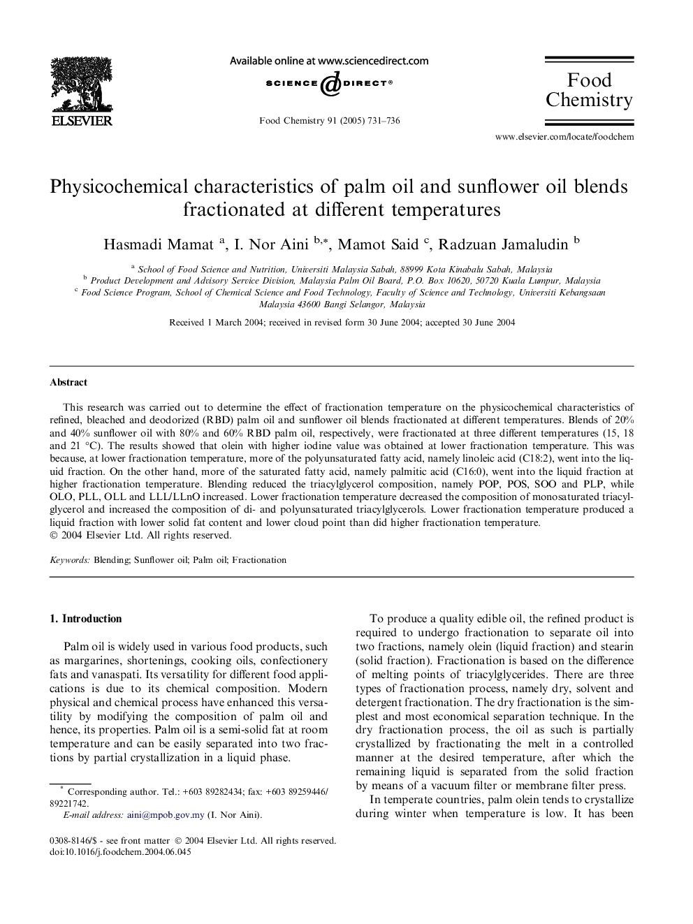 Physicochemical characteristics of palm oil and sunflower oil blends fractionated at different temperatures