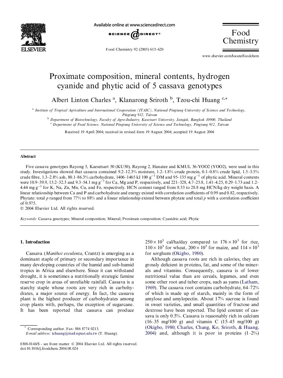 Proximate composition, mineral contents, hydrogen cyanide and phytic acid of 5 cassava genotypes