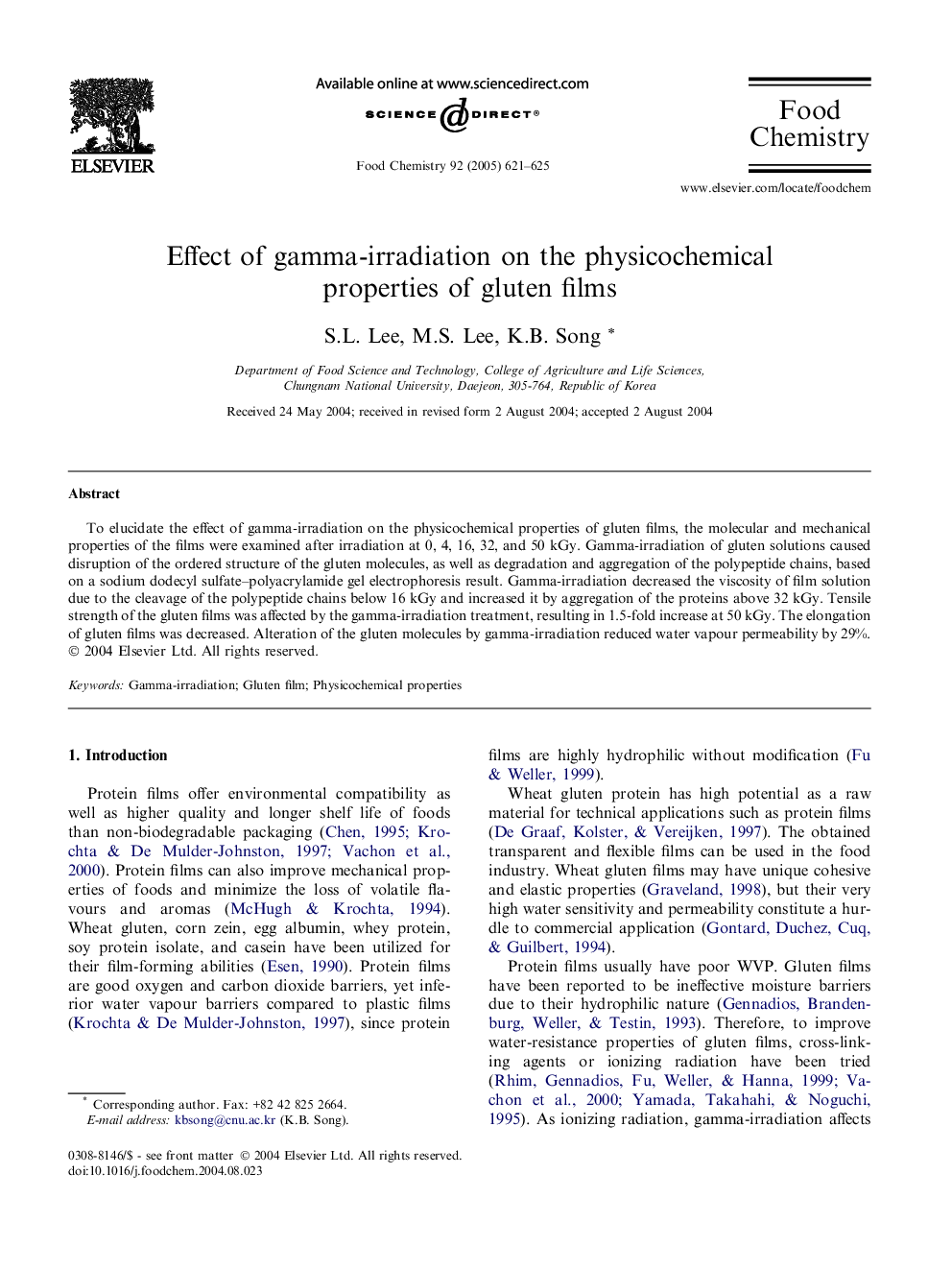 Effect of gamma-irradiation on the physicochemical properties of gluten films