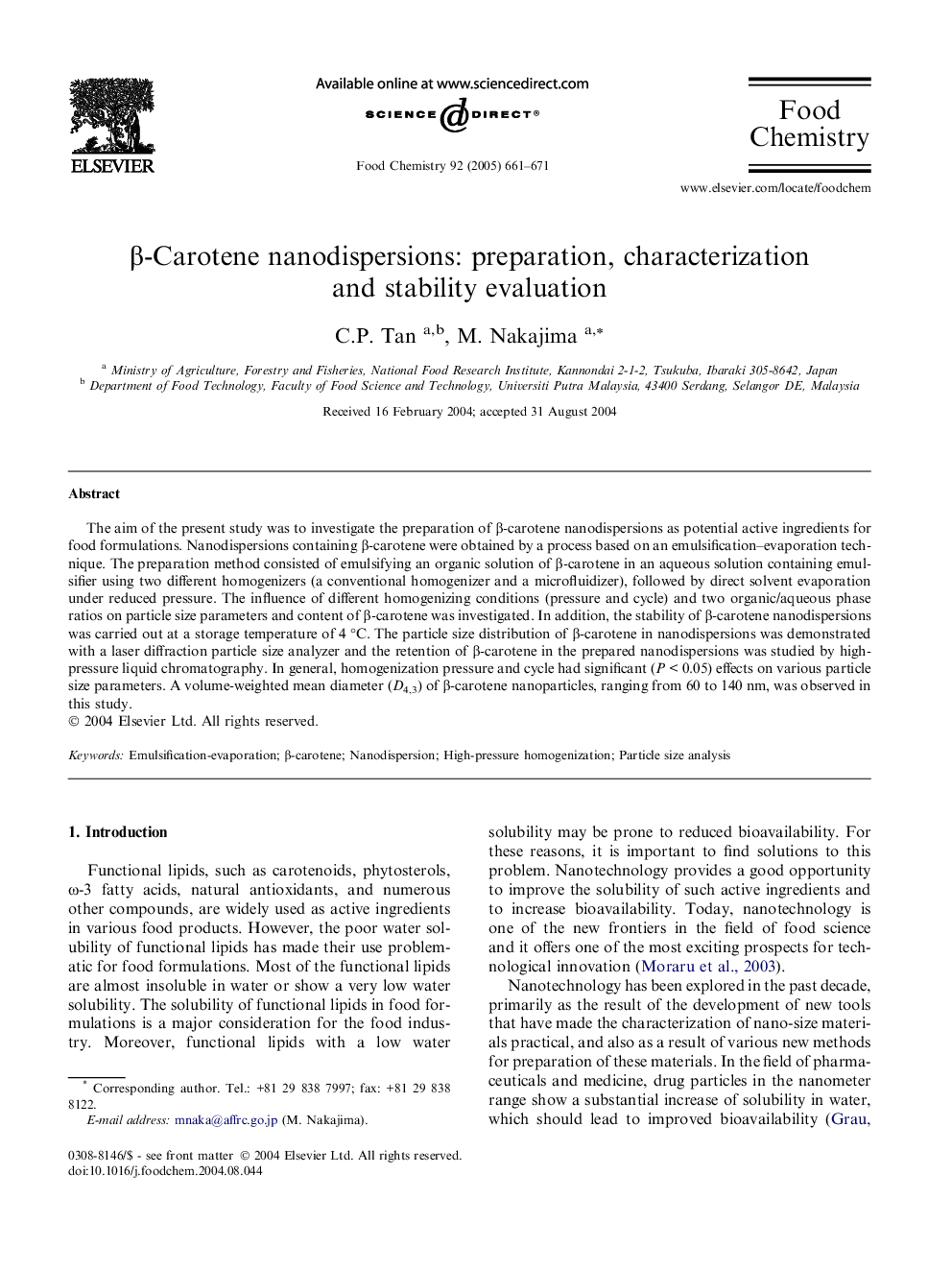 Î²-Carotene nanodispersions: preparation, characterization and stability evaluation