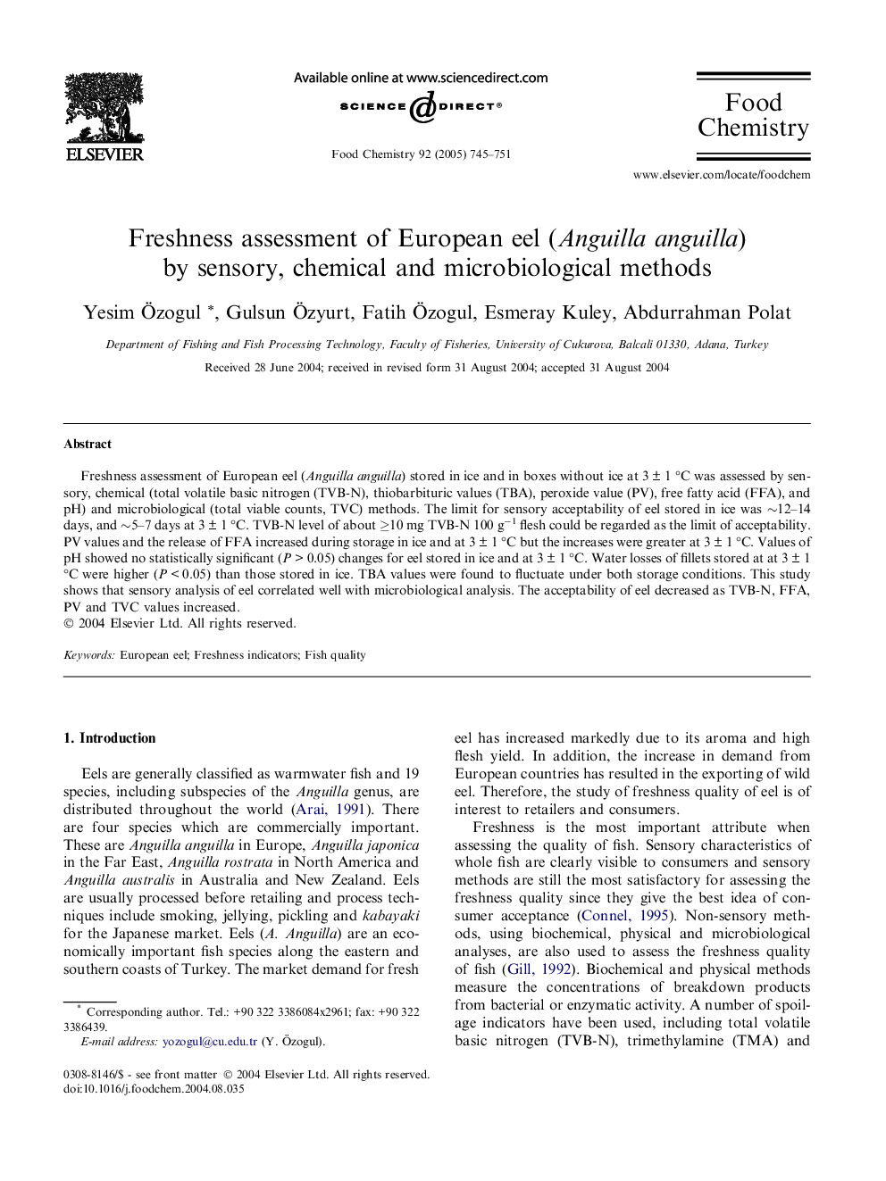 عکس صفحه اول مقاله: Freshness assessment of European eel (Anguilla anguilla) by sensory, chemical and microbiological methods Freshness assessment of European eel (Anguilla anguilla) by sensory, chemical and microbiological methods
