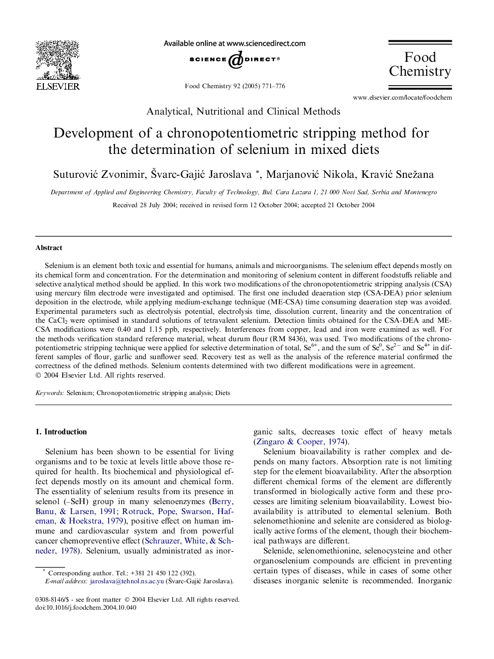 Development of a chronopotentiometric stripping method for the determination of selenium in mixed diets