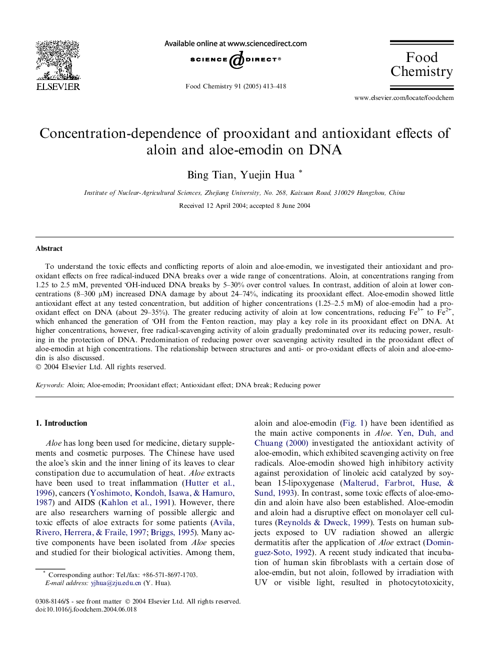 Concentration-dependence of prooxidant and antioxidant effects of aloin and aloe-emodin on DNA