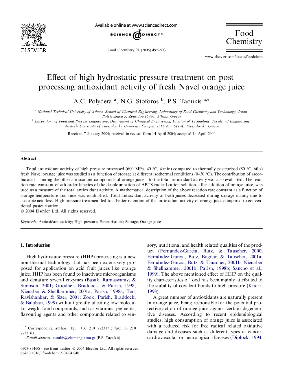 Effect of high hydrostatic pressure treatment on post processing antioxidant activity of fresh Navel orange juice