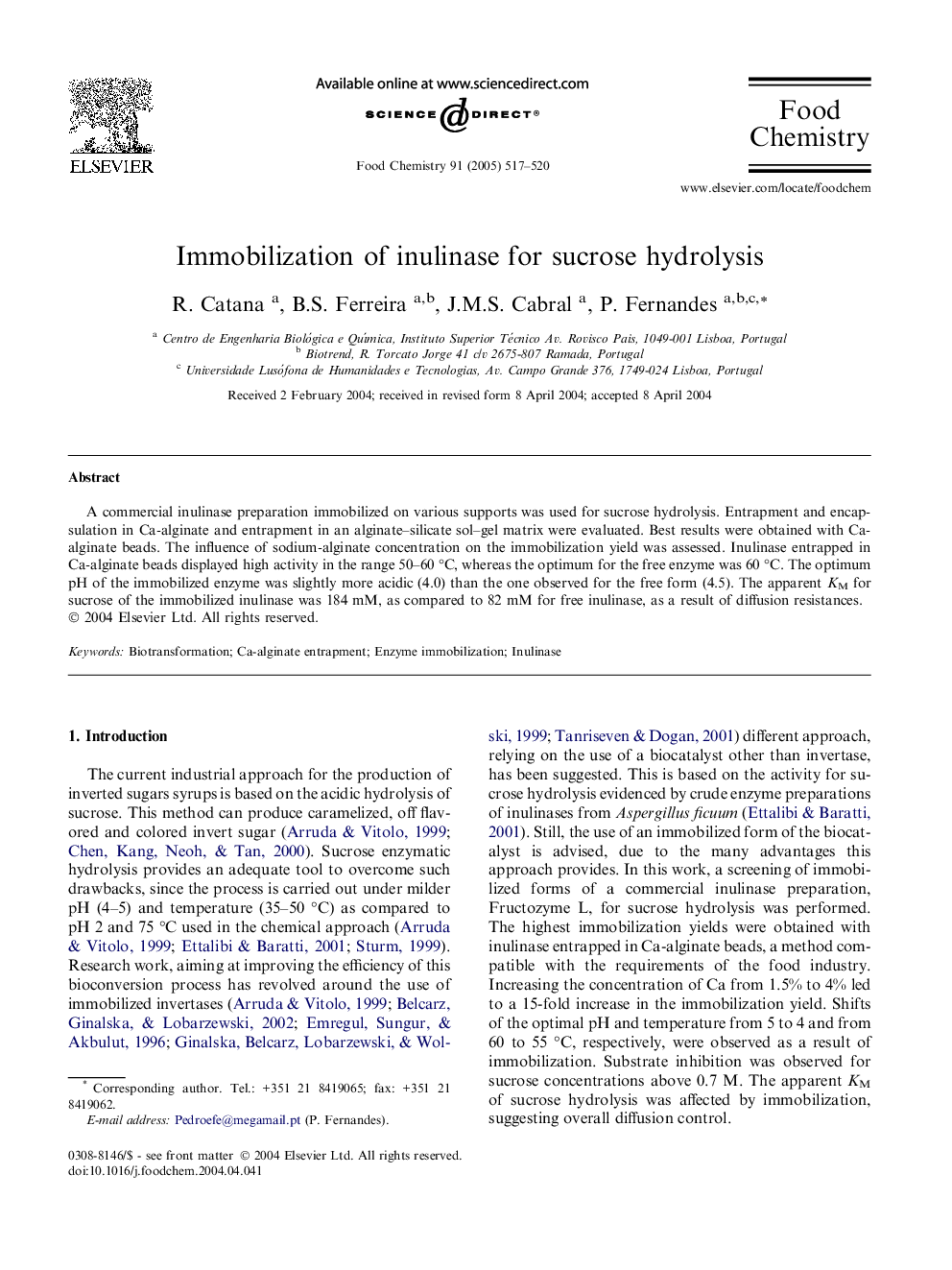 عکس صفحه اول مقاله: Immobilization of inulinase for sucrose hydrolysis Immobilization of inulinase for sucrose hydrolysis