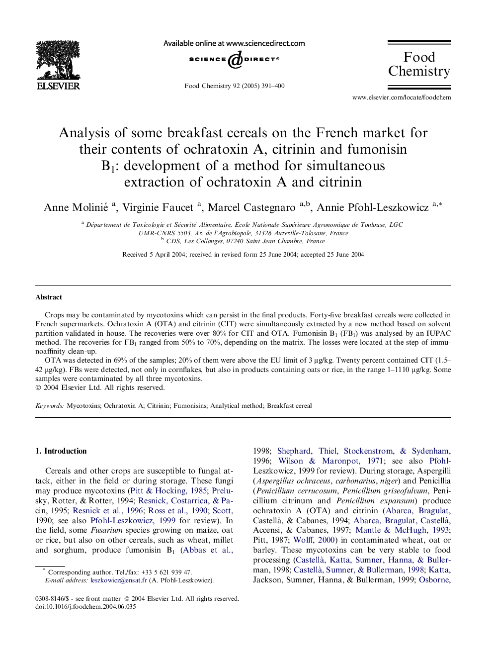 Analysis of some breakfast cereals on the French market for their contents of ochratoxin A, citrinin and fumonisin B1: development of a method for simultaneous extraction of ochratoxin A and citrinin